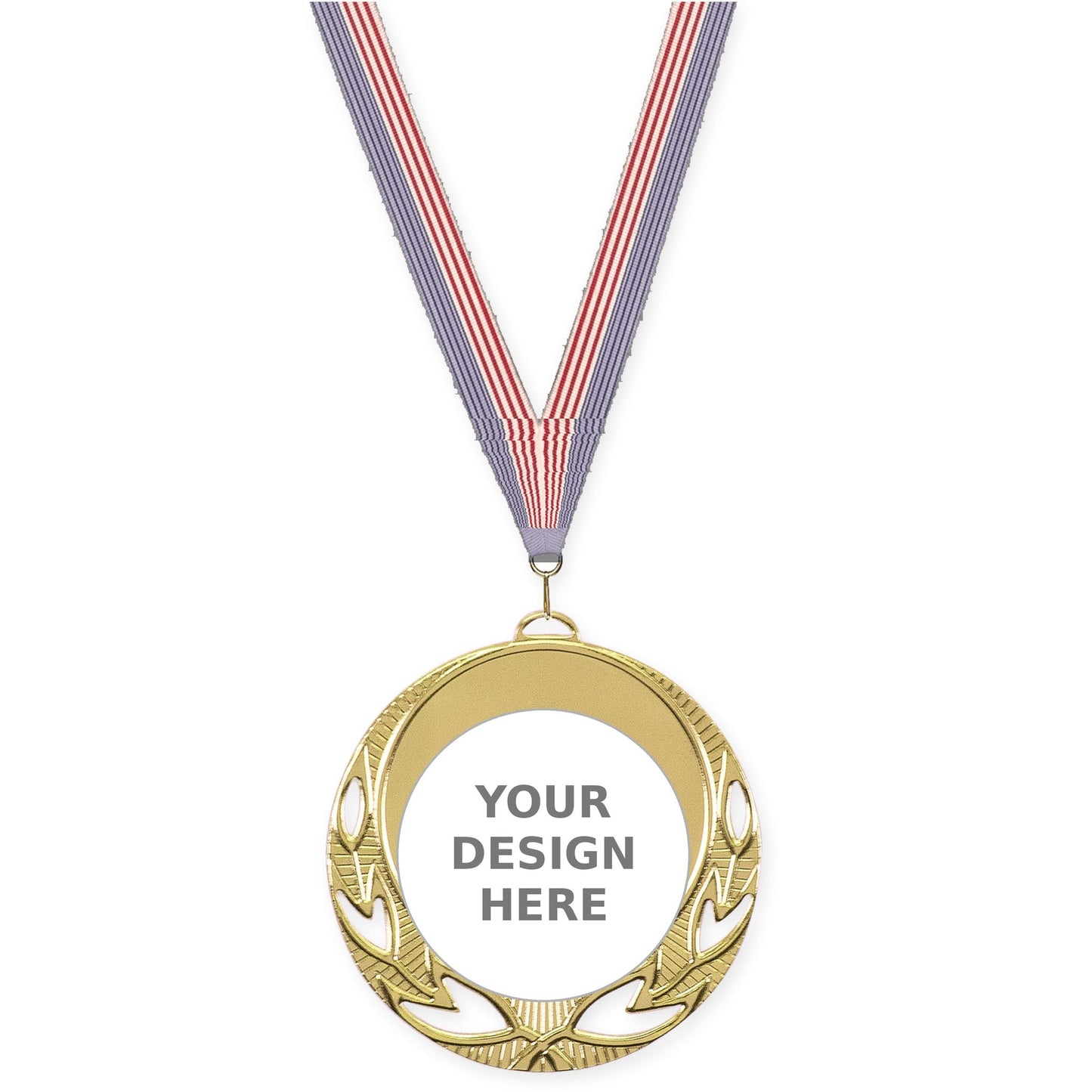 2 3/4 inch Open Laurel insert medal in bright gold with USA Flag neck ribbon
