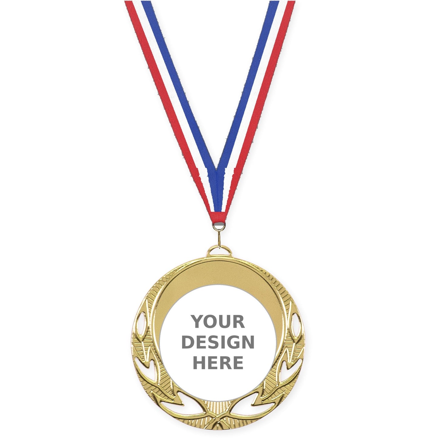 2 3/4 inch Open Laurel insert medal in bright gold with Red White Blue neck ribbon