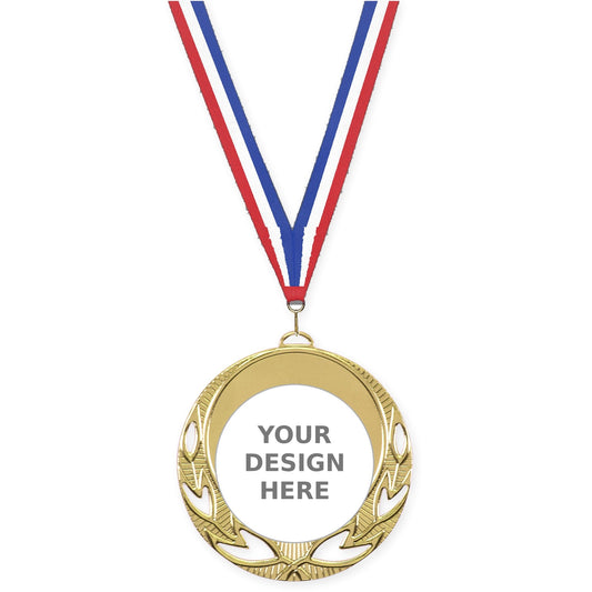 2 3/4 inch Open Laurel insert medal in bright gold with Red White Blue neck ribbon