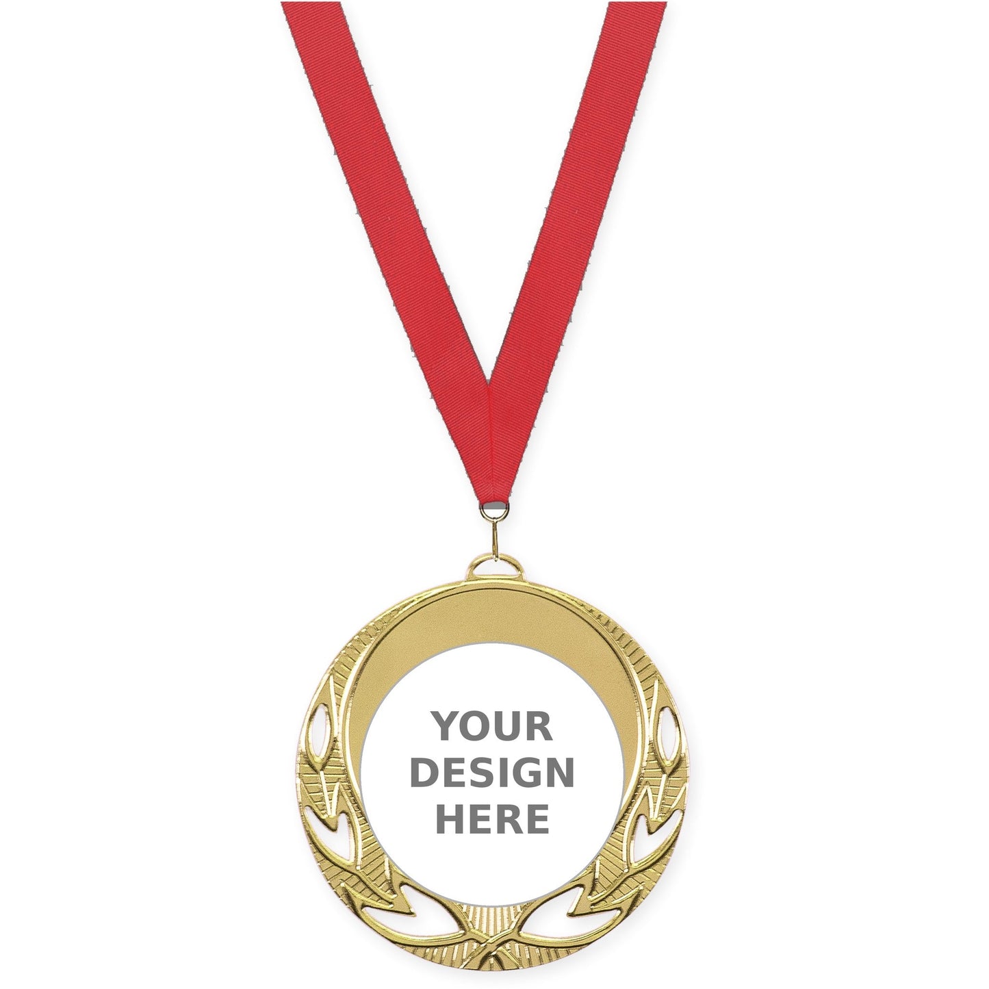 2 3/4 inch Open Laurel insert medal in bright gold with Red neck ribbon