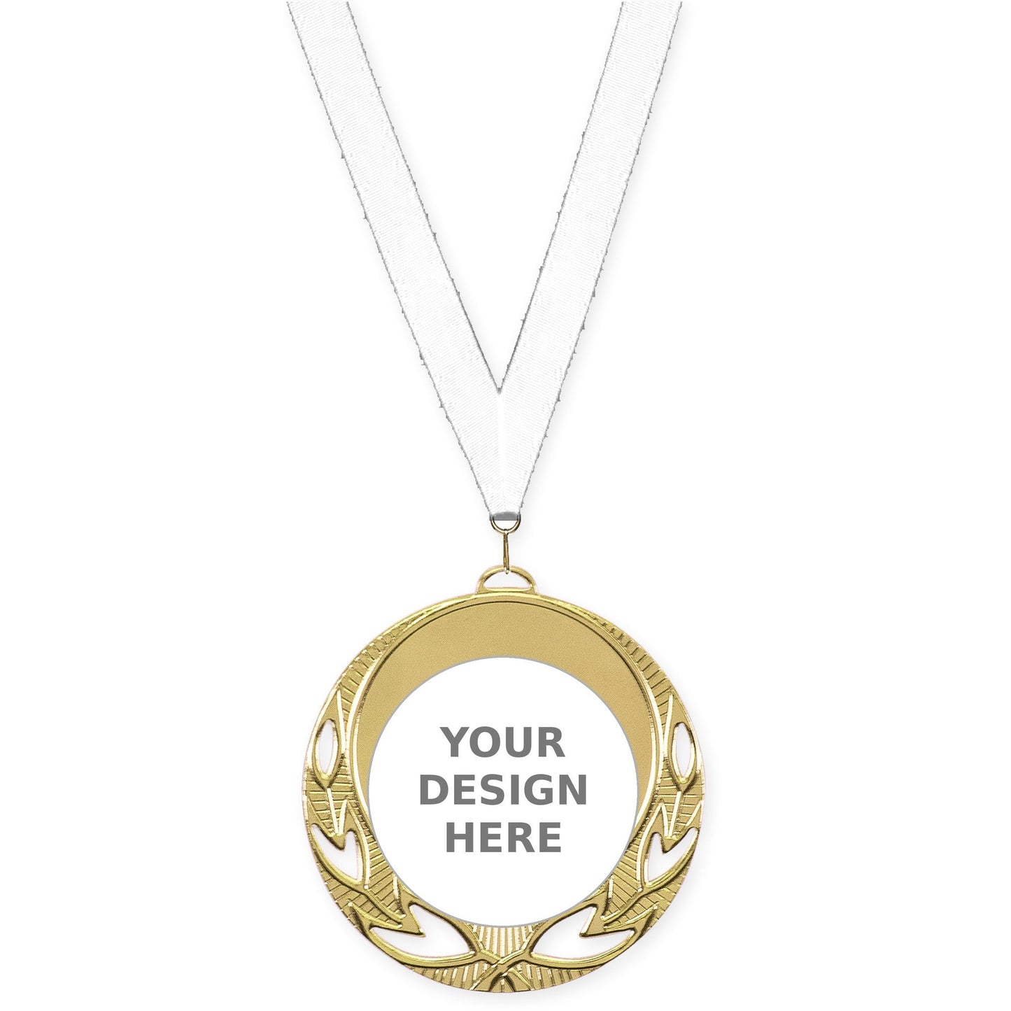 2 3/4 inch Open Laurel insert medal in bright gold with White neck ribbon