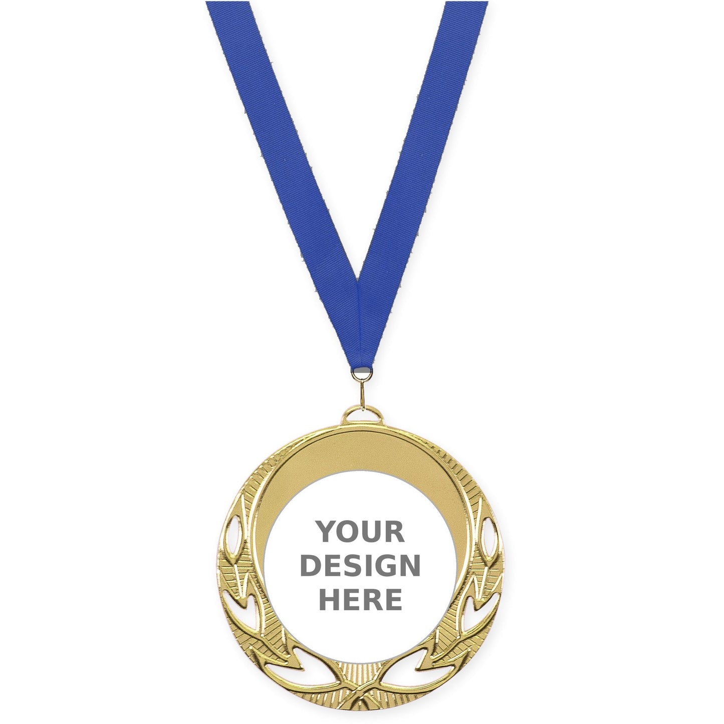 2 3/4 inch Open Laurel insert medal in bright gold with Blue neck ribbon