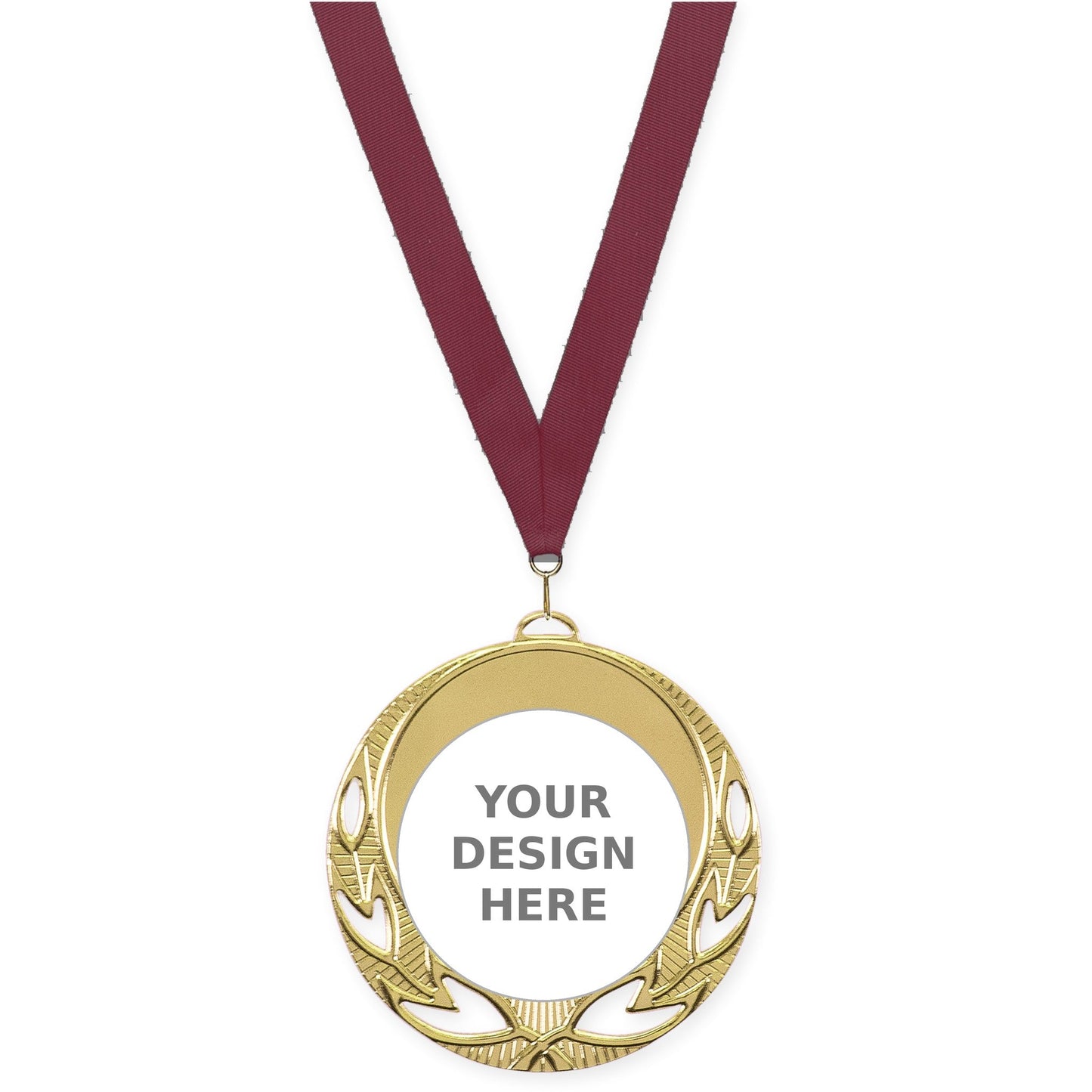 2 3/4 inch Open Laurel insert medal in bright gold with Maroon neck ribbon