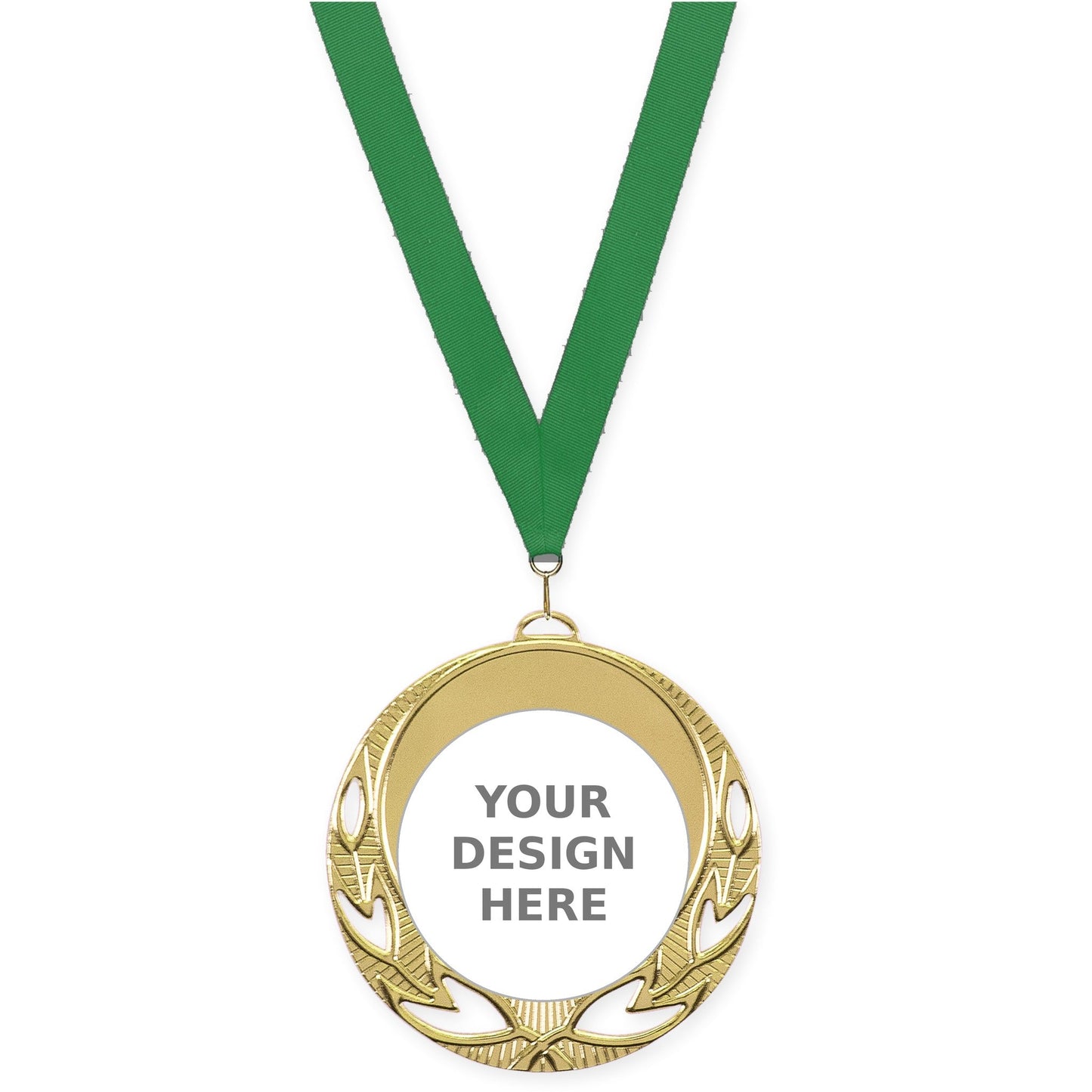 2 3/4 inch Open Laurel insert medal in bright gold with Green neck ribbon