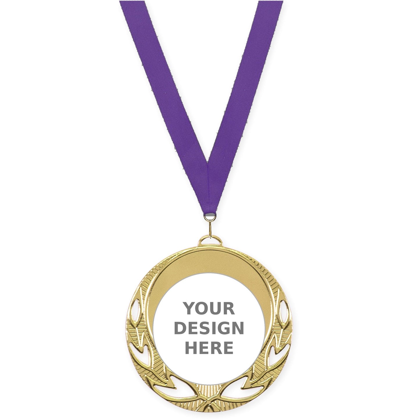 2 3/4 inch Open Laurel insert medal in bright gold with Purple neck ribbon