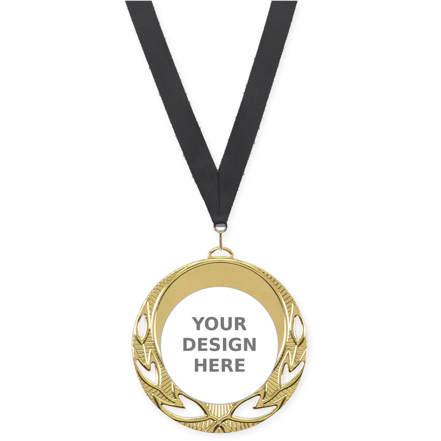 2 3/4 inch Open Laurel insert medal in bright gold with Black neck ribbon