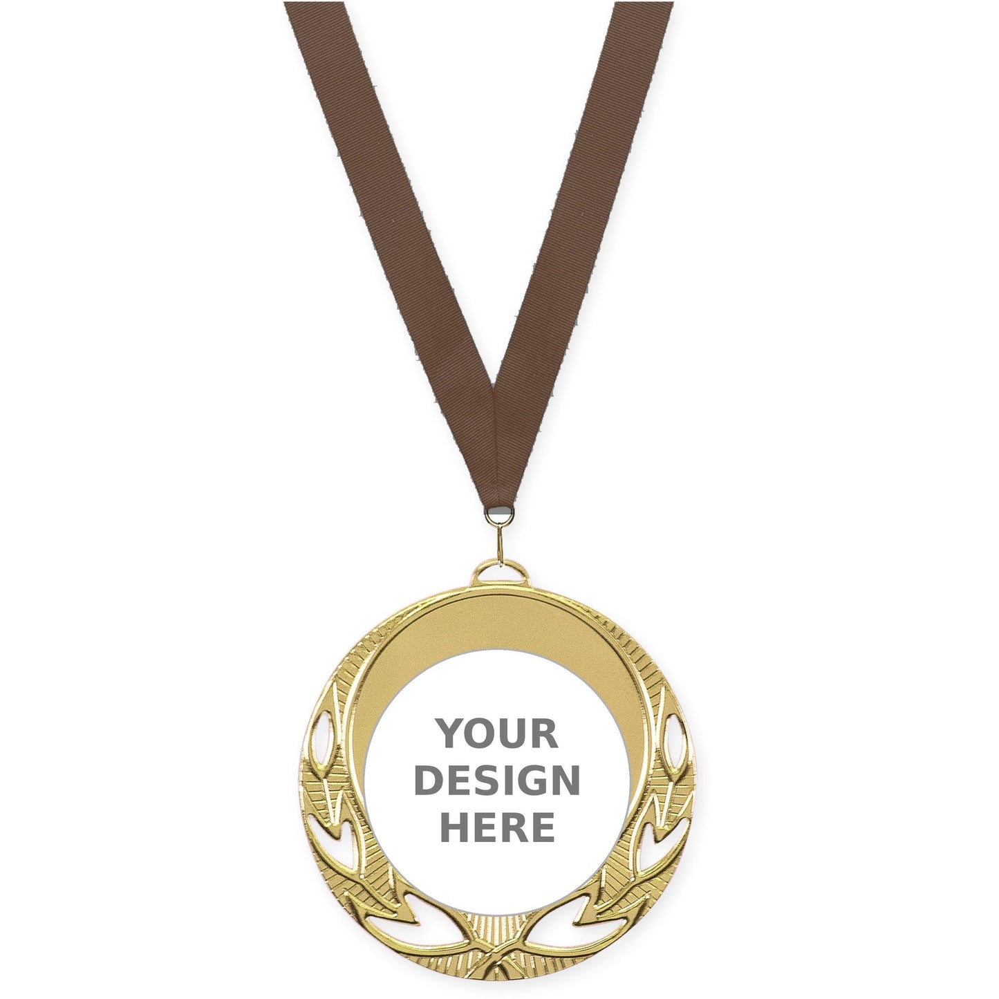 2 3/4 inch Open Laurel insert medal in bright gold with Brown neck ribbon