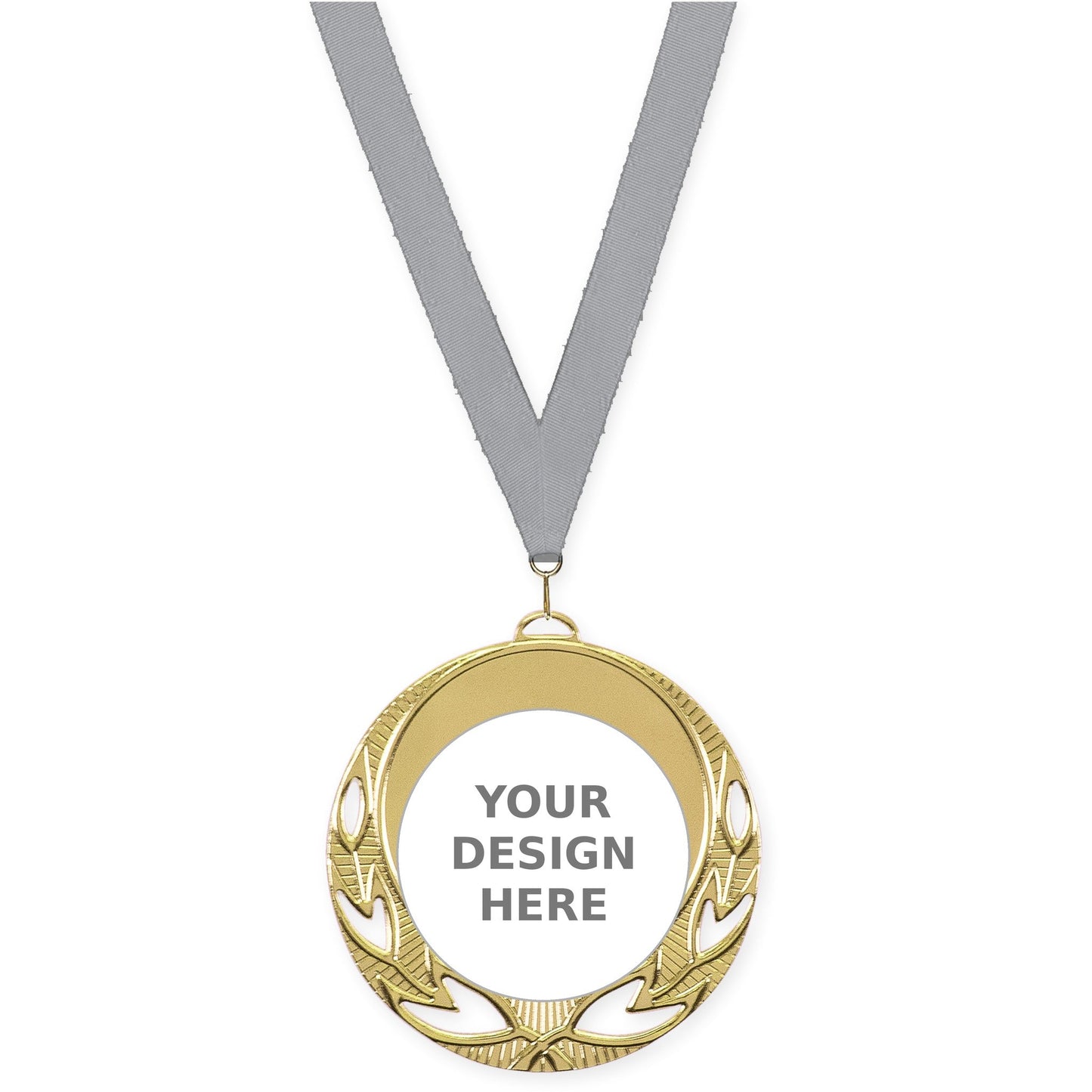 2 3/4 inch Open Laurel insert medal in bright gold with Gray neck ribbon