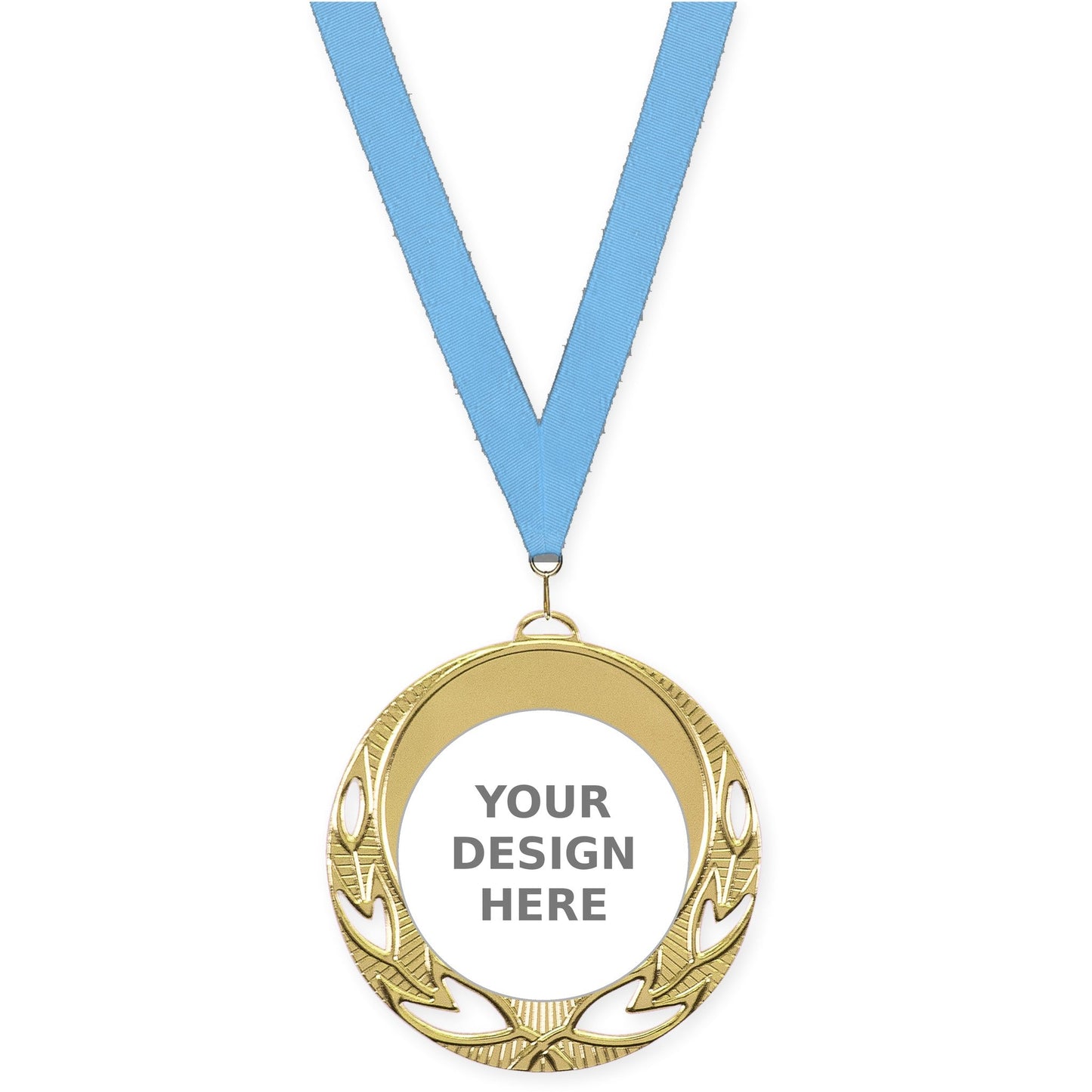 2 3/4 inch Open Laurel insert medal in bright gold with Light Blue neck ribbon