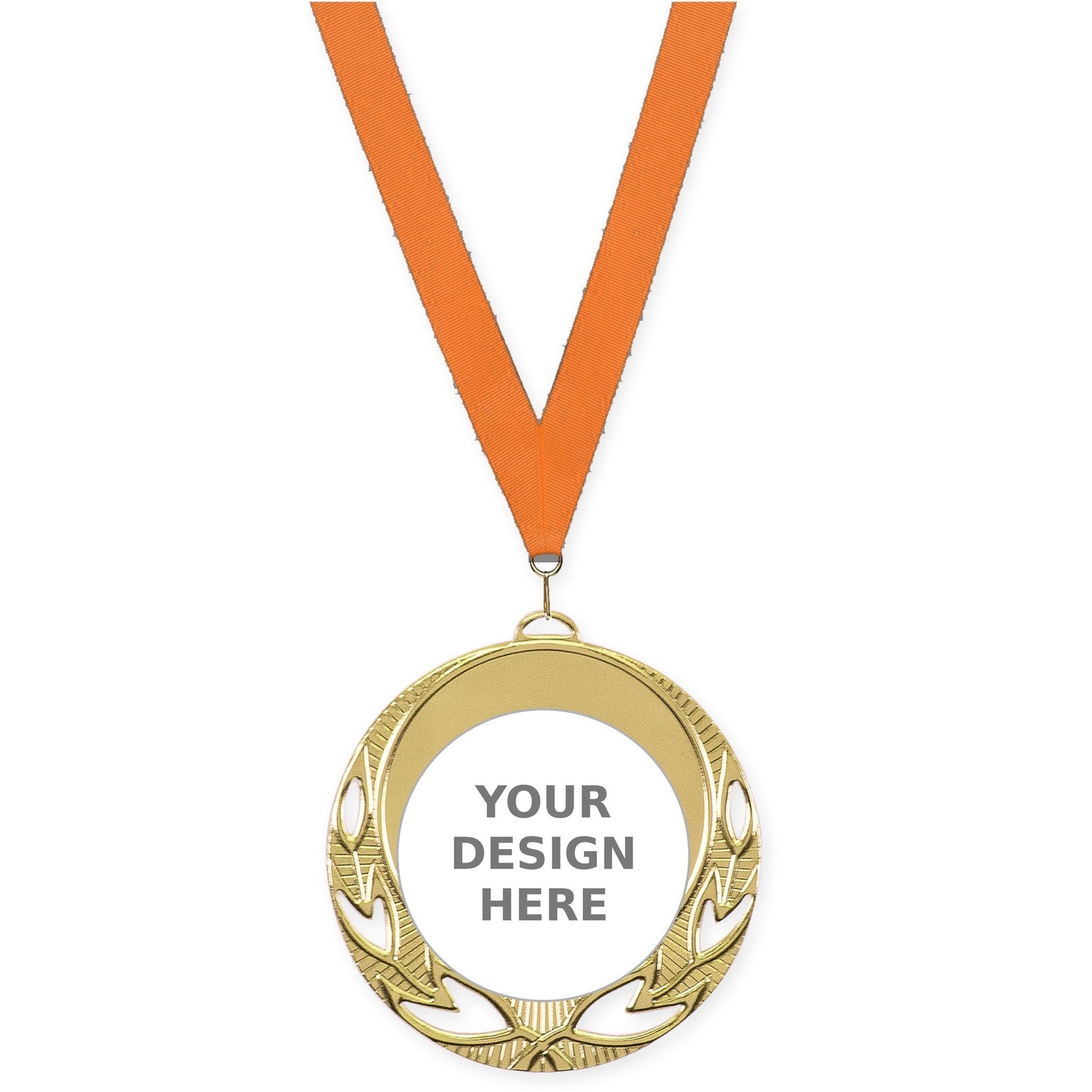 2 3/4 inch Open Laurel insert medal in bright gold with Orange neck ribbon