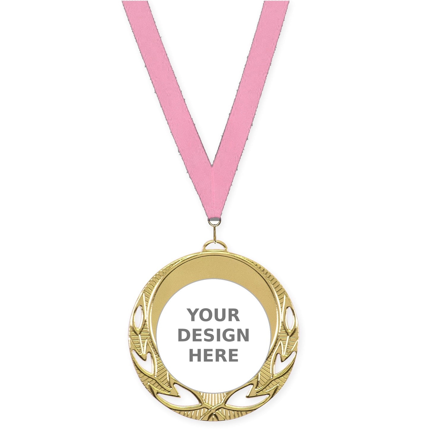 2 3/4 inch Open Laurel insert medal in bright gold with Pink neck ribbon