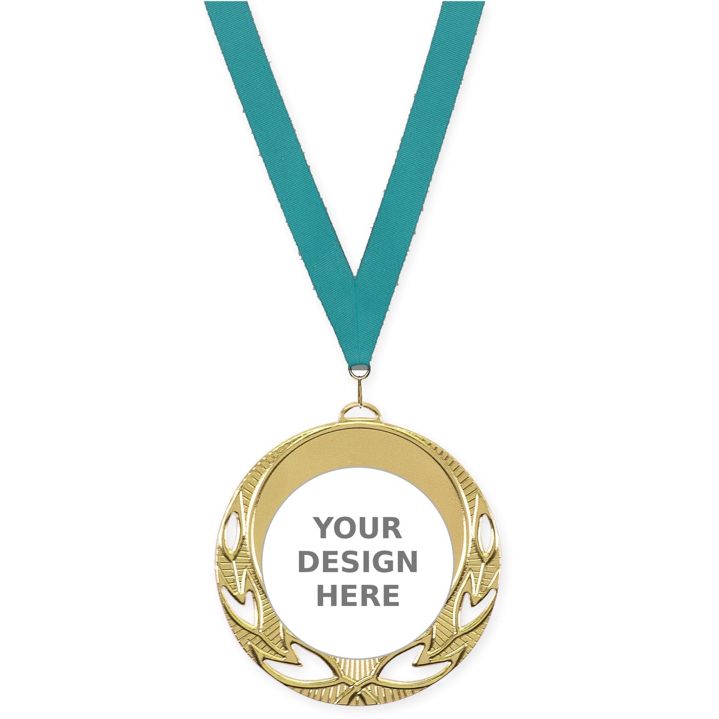 2 3/4 inch Open Laurel insert medal in bright gold with Teal neck ribbon