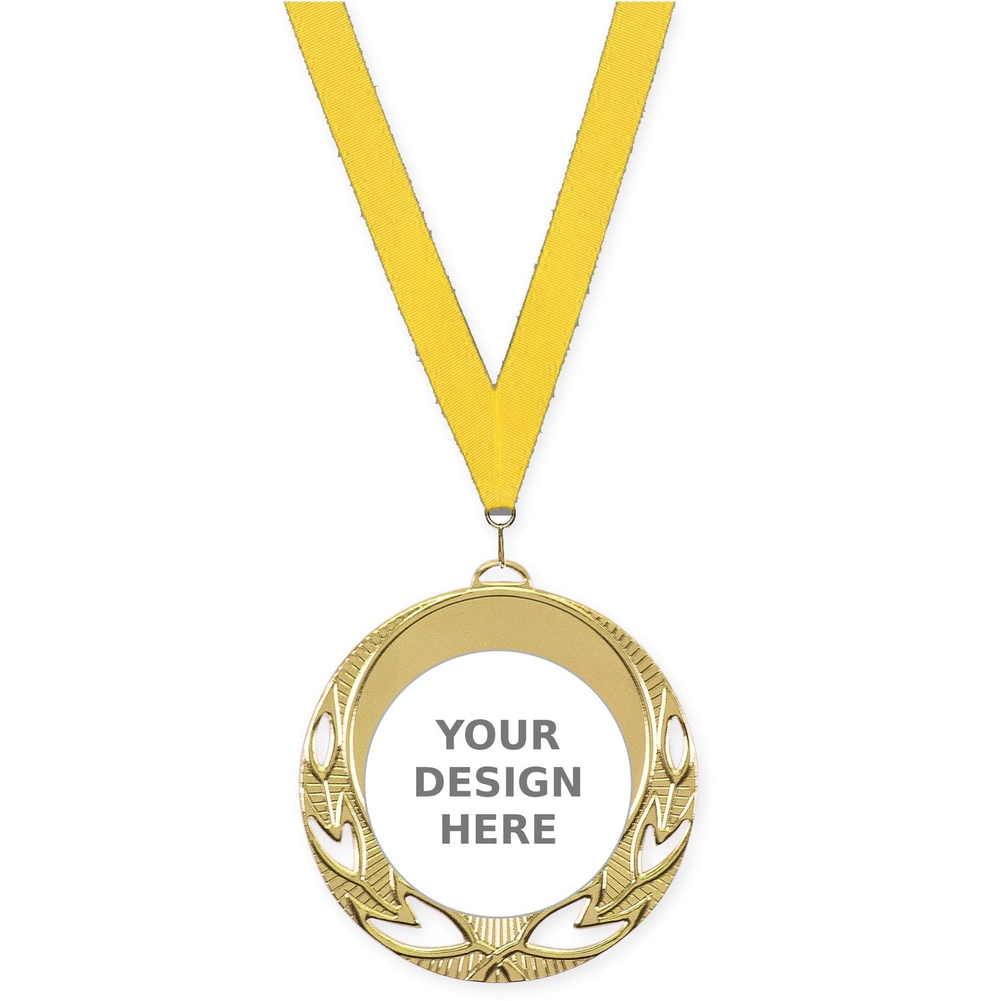 2 3/4 inch Open Laurel insert medal in bright gold with Yellow neck ribbon
