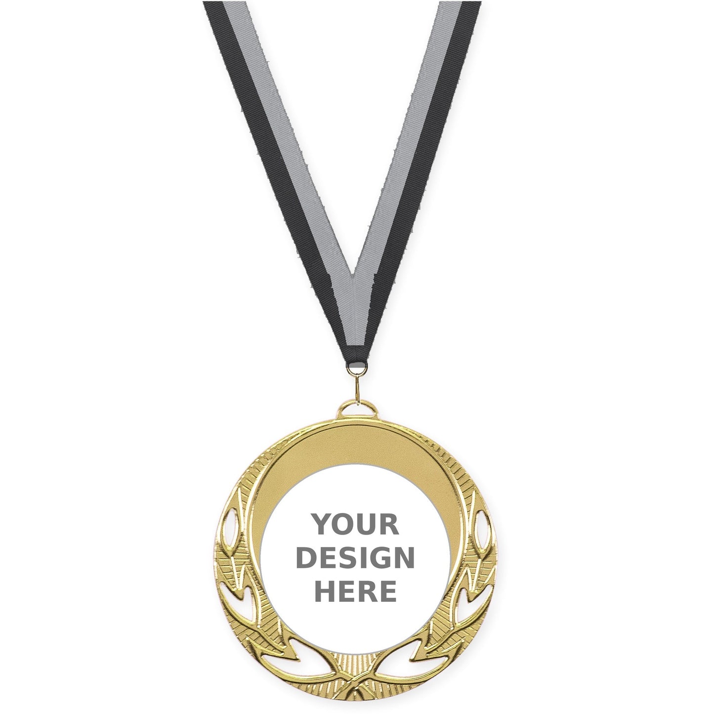 2 3/4 inch Open Laurel insert medal in bright gold with Black Gray neck ribbon