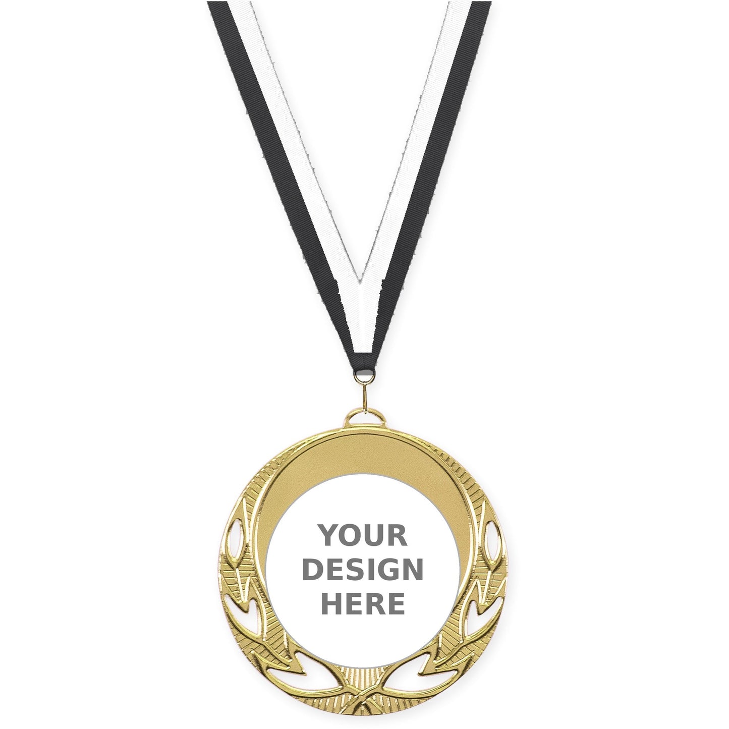 2 3/4 inch Open Laurel insert medal in bright gold with Black White neck ribbon