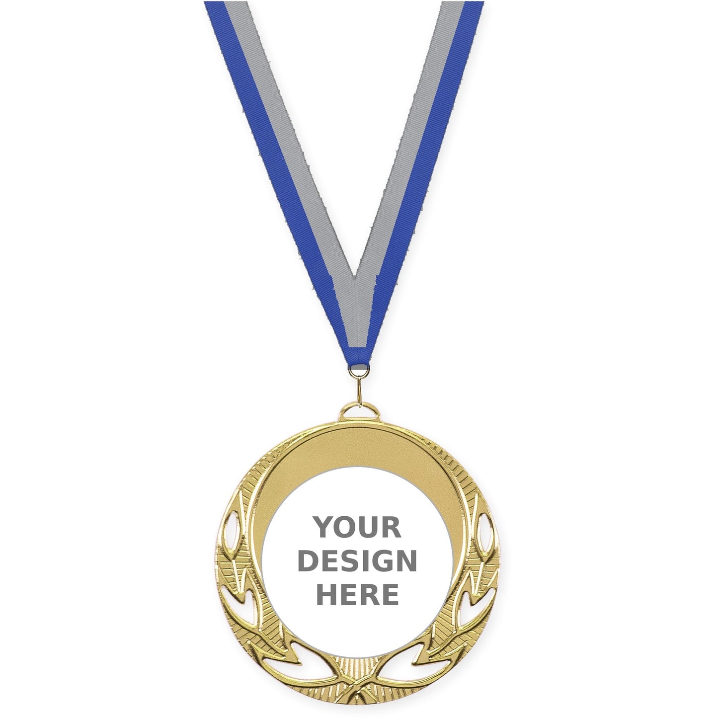 2 3/4 inch Open Laurel insert medal in bright gold with Blue Gray neck ribbon