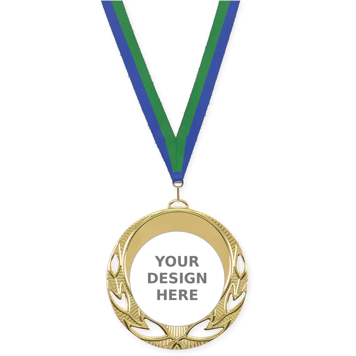 2 3/4 inch Open Laurel insert medal in bright gold with Blue Green neck ribbon