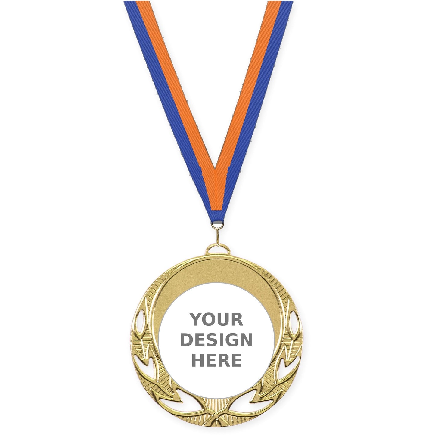 2 3/4 inch Open Laurel insert medal in bright gold with Blue Orange neck ribbon