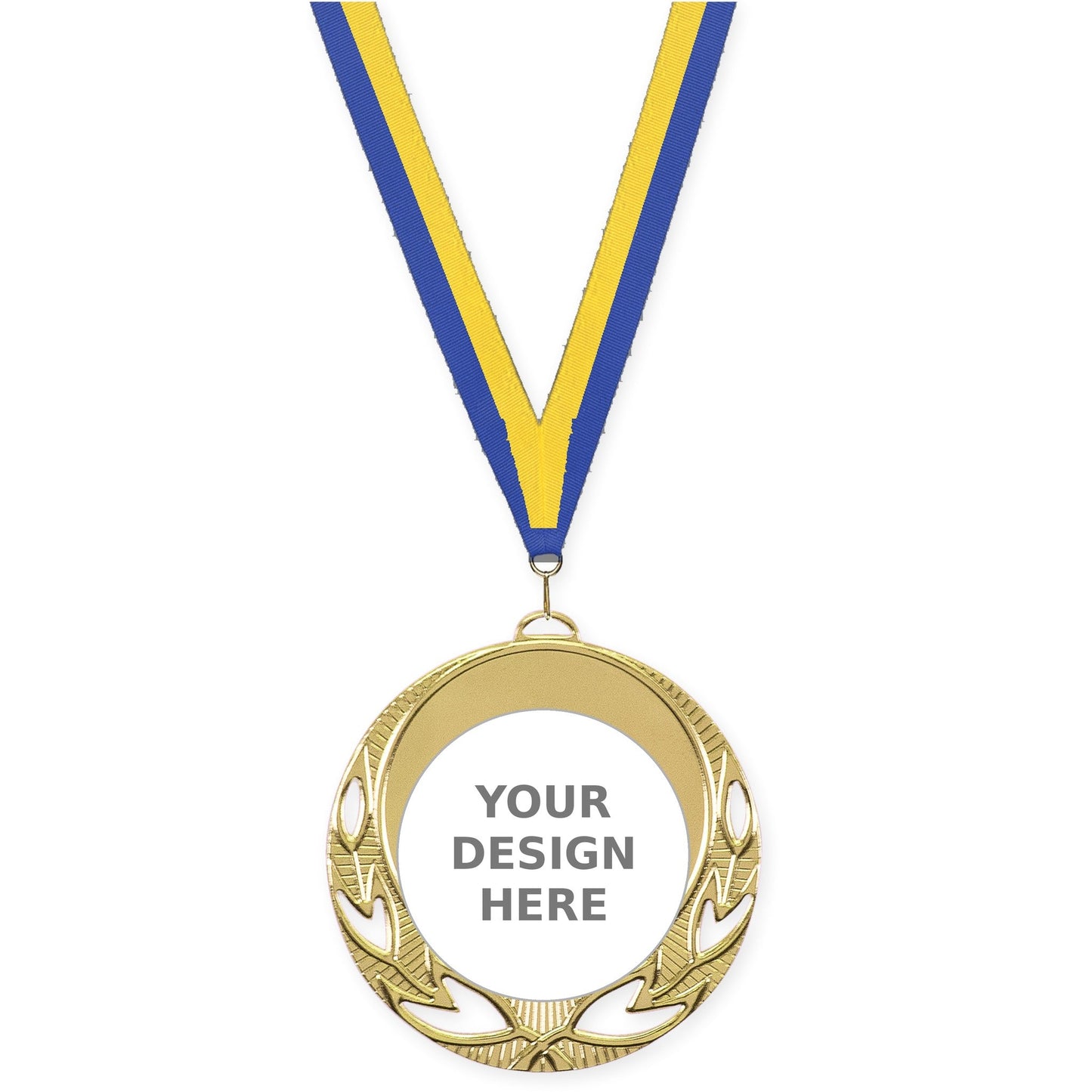 2 3/4 inch Open Laurel insert medal in bright gold with Blue Yellow neck ribbon