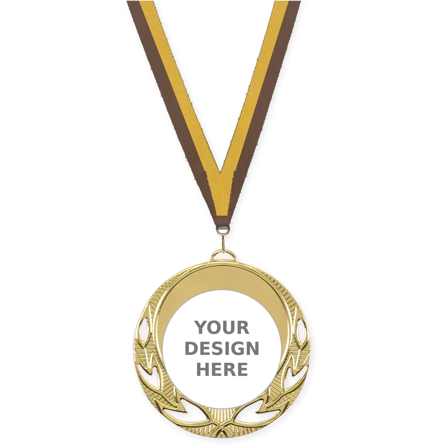 2 3/4 inch Open Laurel insert medal in bright gold with Brown Gold neck ribbon