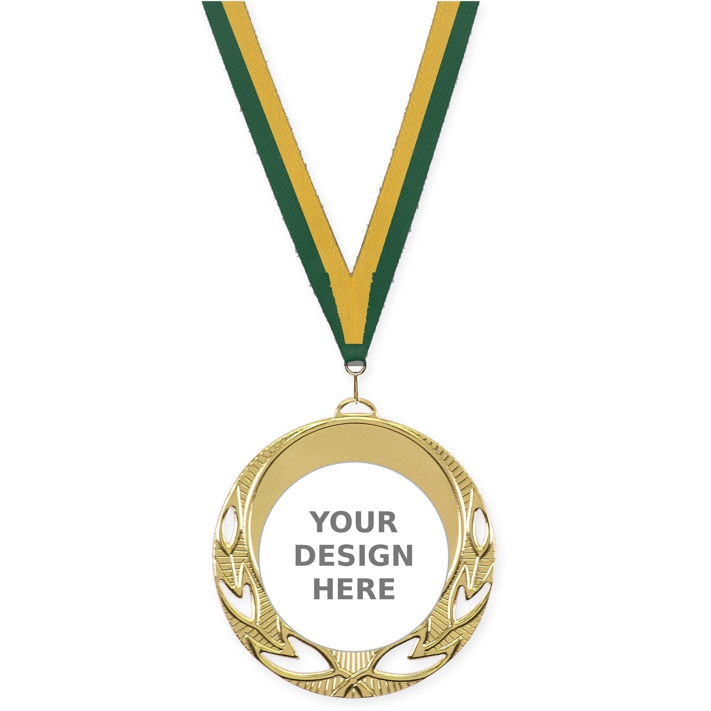 2 3/4 inch Open Laurel insert medal in bright gold with Hunter Green Gold neck ribbon