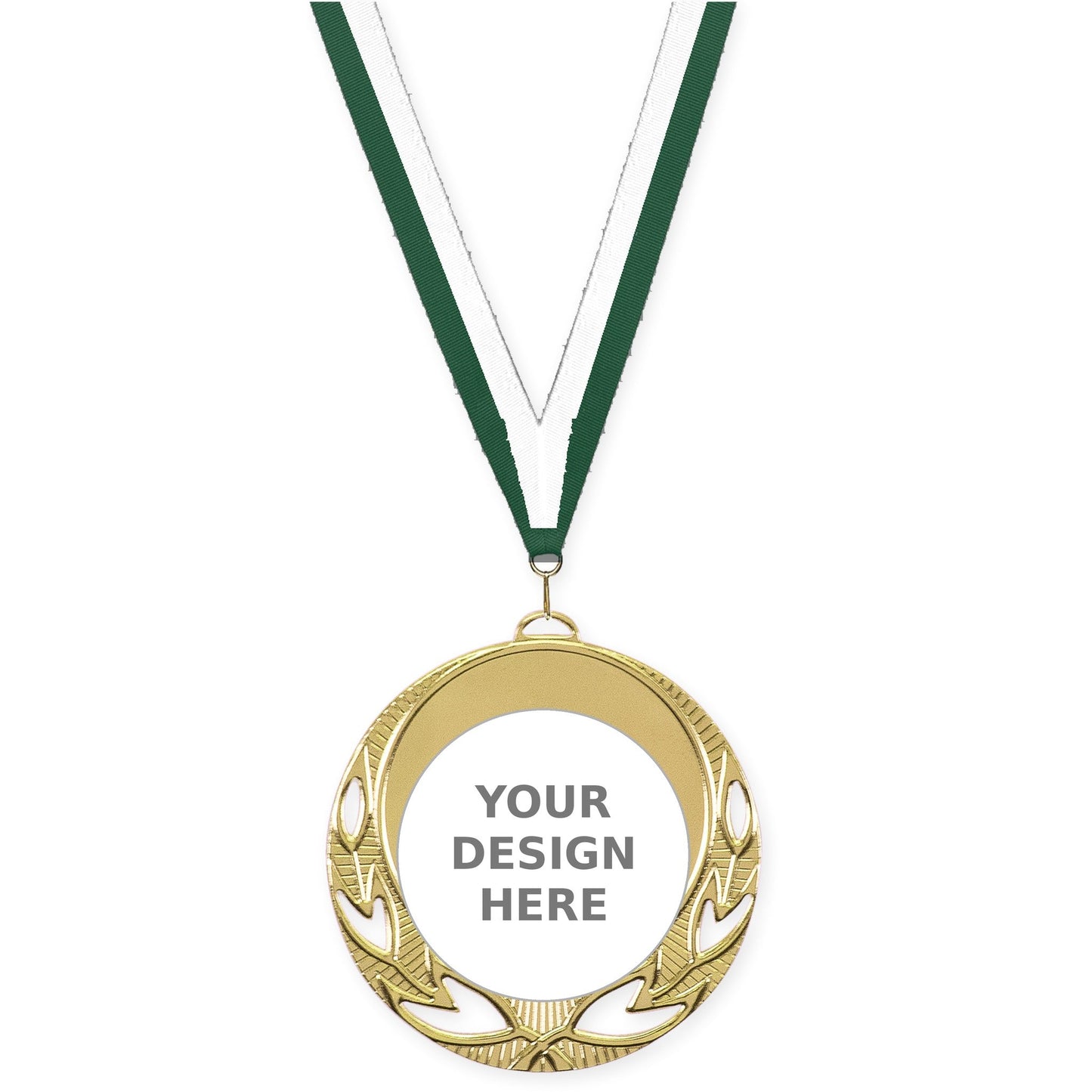2 3/4 inch Open Laurel insert medal in bright gold with Hunter Green White neck ribbon