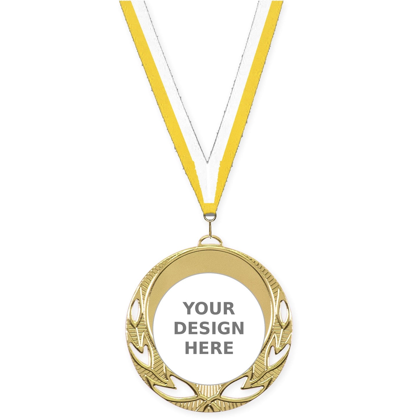 2 3/4 inch Open Laurel insert medal in bright gold with Yellow White neck ribbon