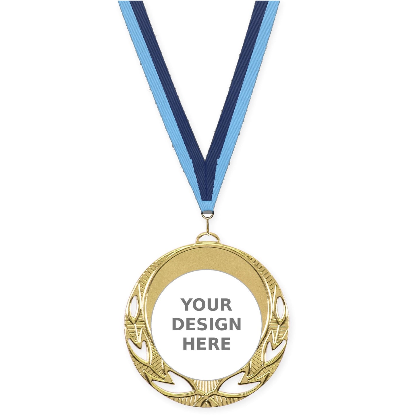 2 3/4 inch Open Laurel insert medal in bright gold with Light Blue Navy neck ribbon