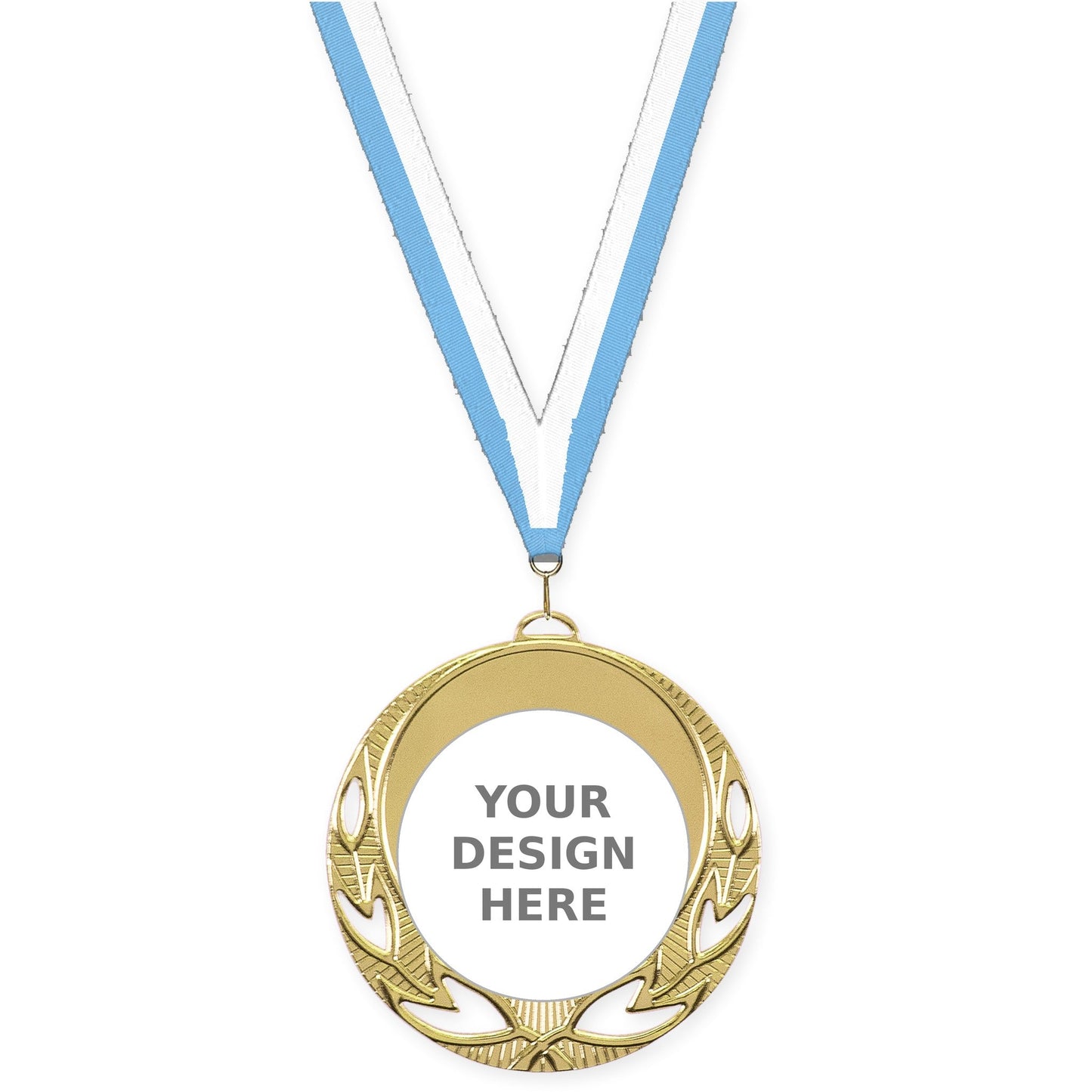 2 3/4 inch Open Laurel insert medal in bright gold with Light Blue White neck ribbon