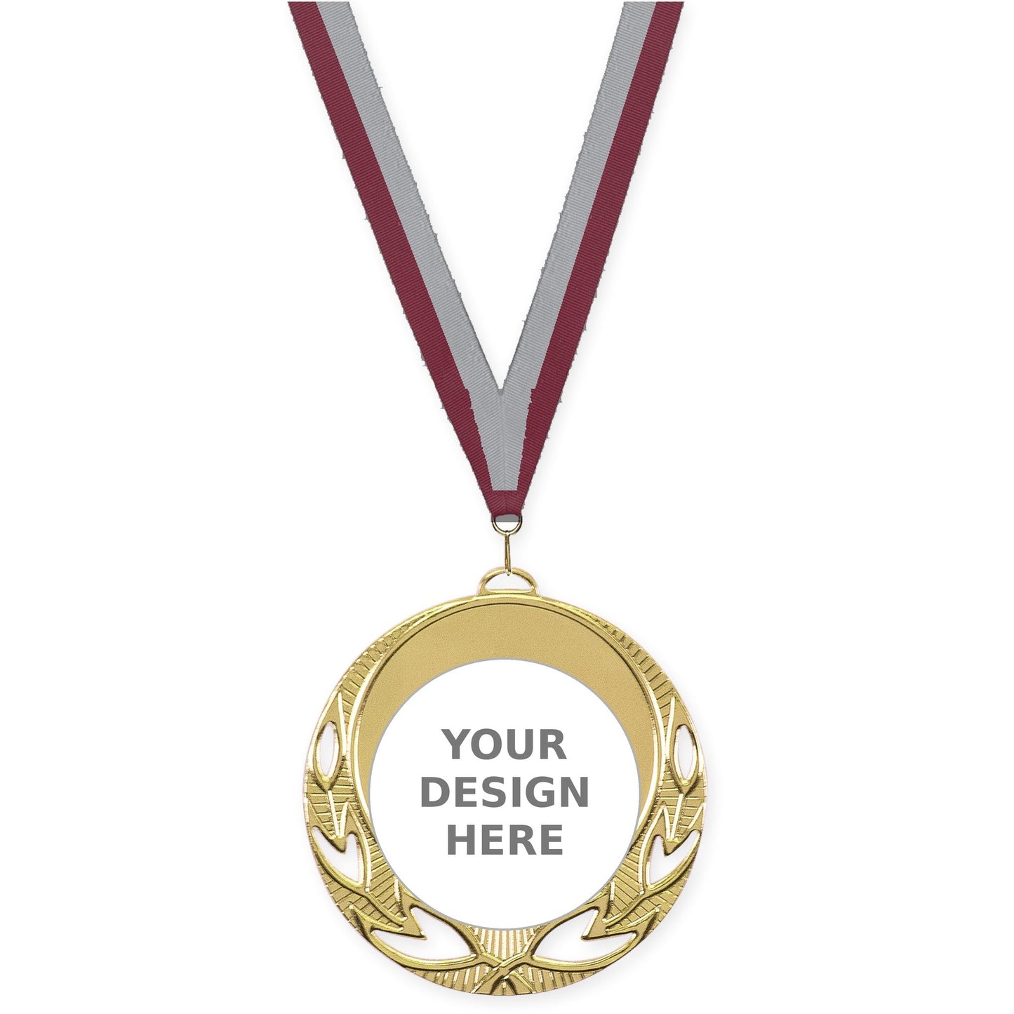 2 3/4 inch Open Laurel insert medal in bright gold with Maroon Gray neck ribbon