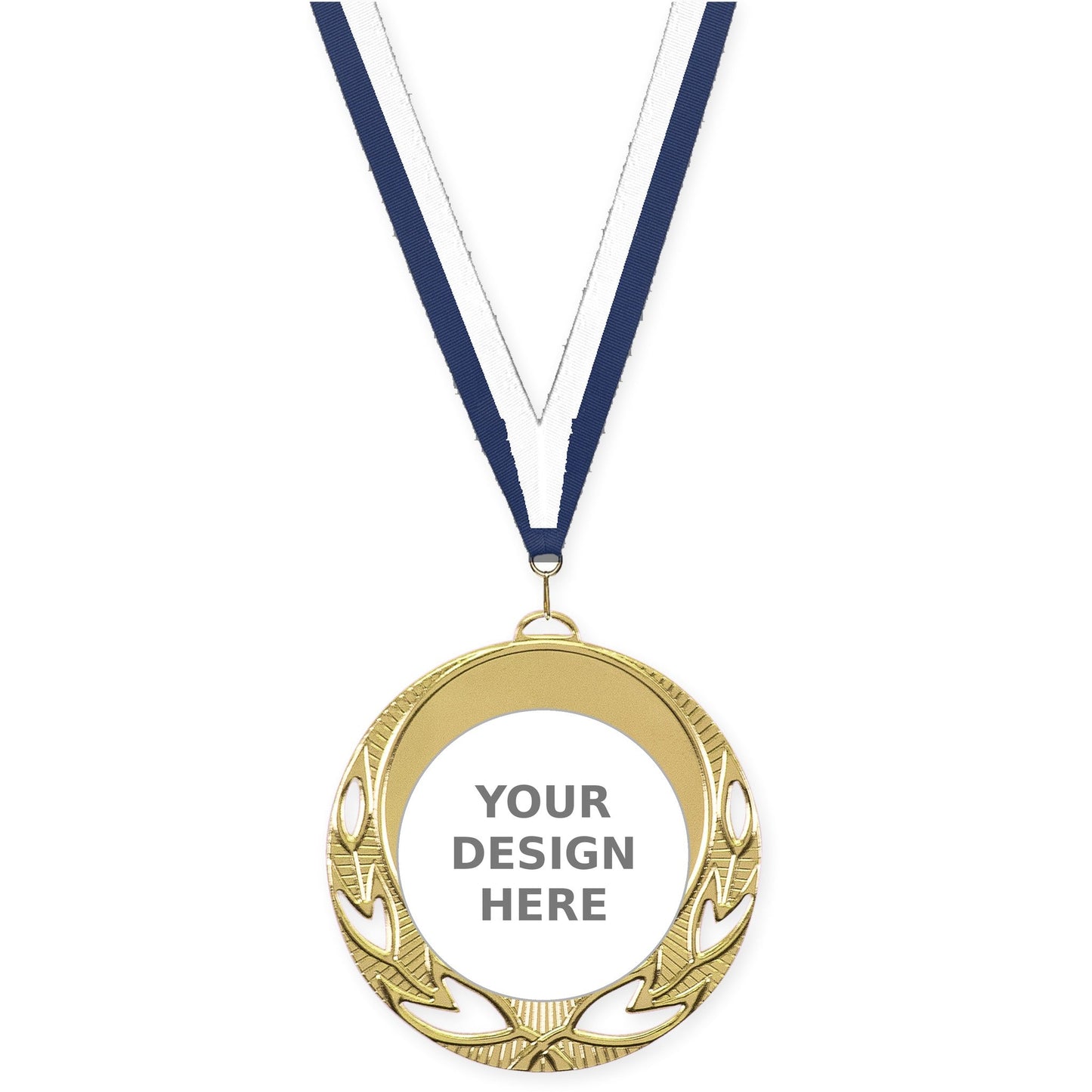 2 3/4 inch Open Laurel insert medal in bright gold with Navy White neck ribbon