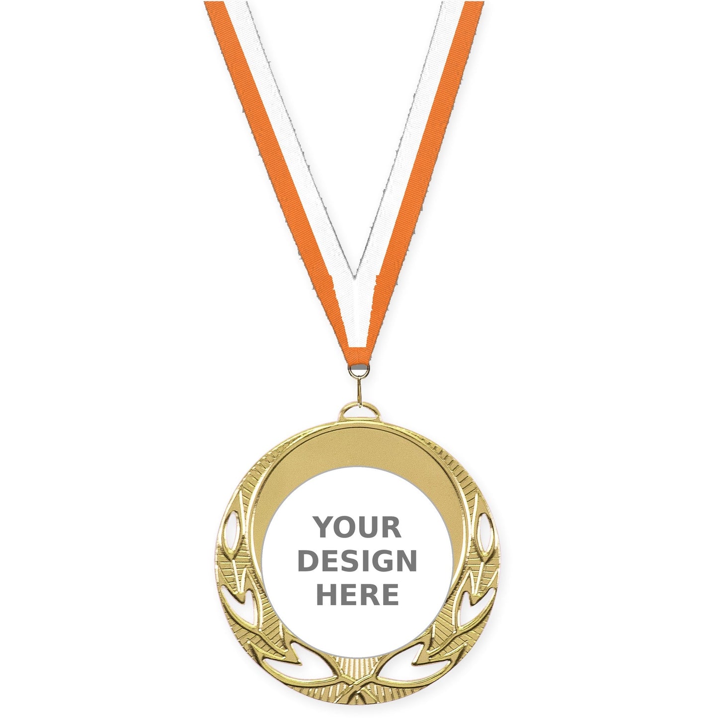 2 3/4 inch Open Laurel insert medal in bright gold with Orange White neck ribbon
