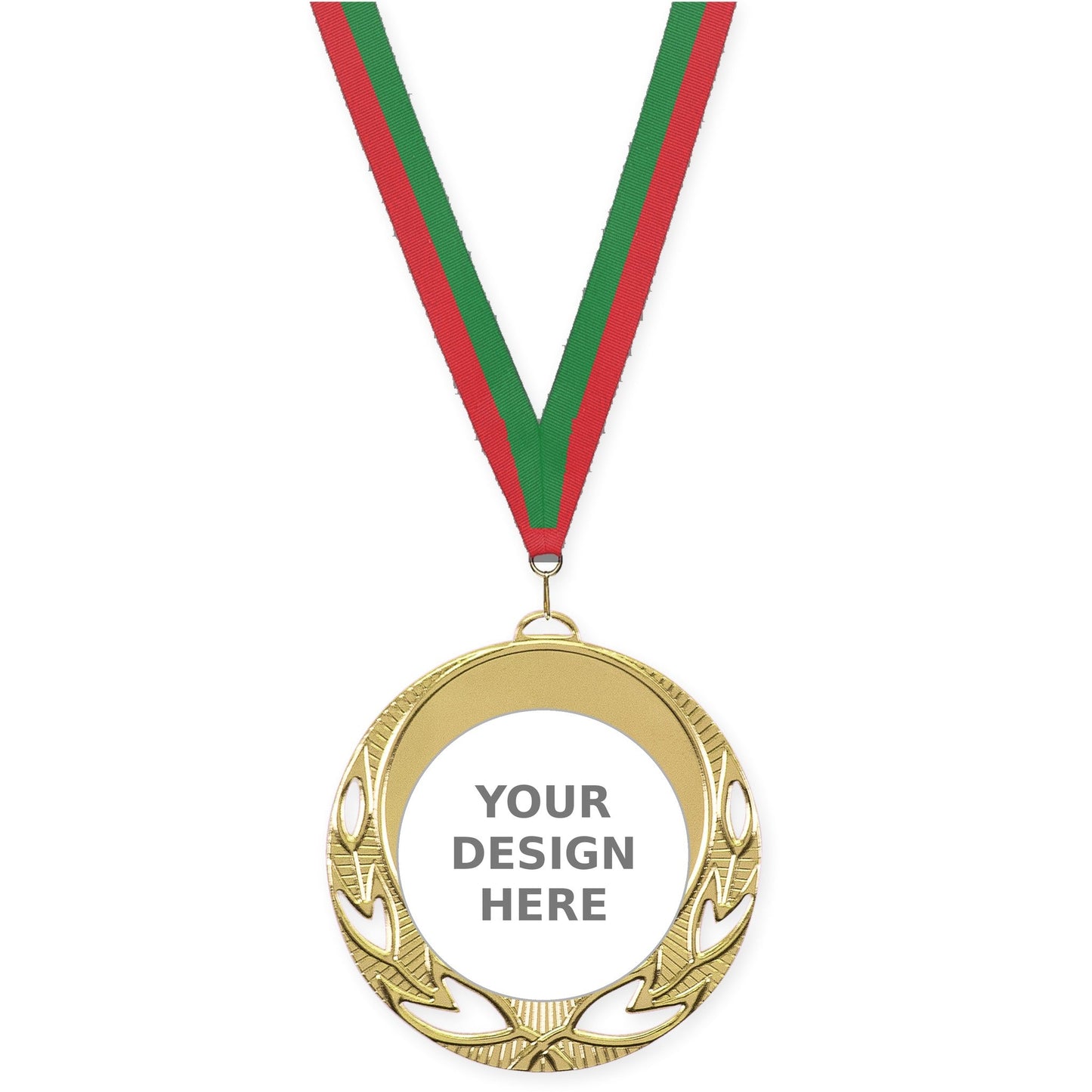 2 3/4 inch Open Laurel insert medal in bright gold with Red Green neck ribbon