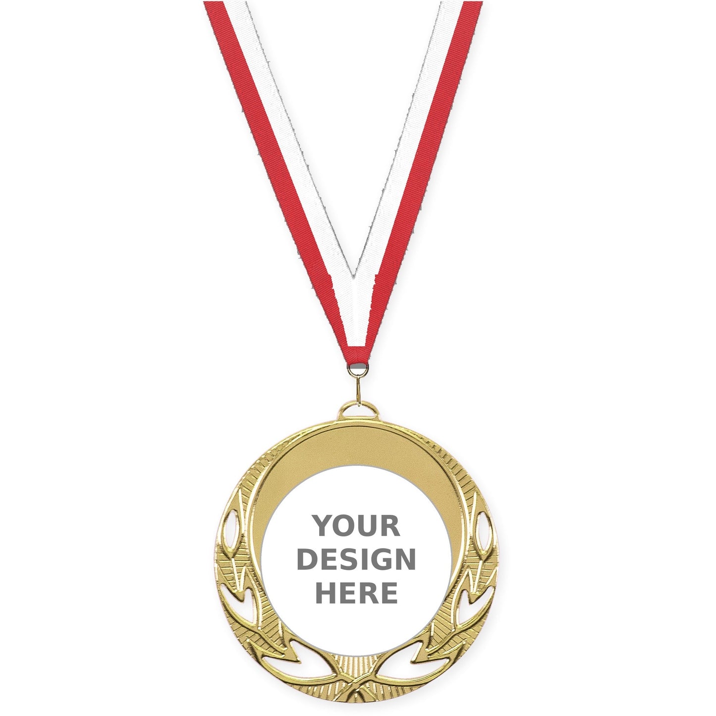 2 3/4 inch Open Laurel insert medal in bright gold with Red White neck ribbon