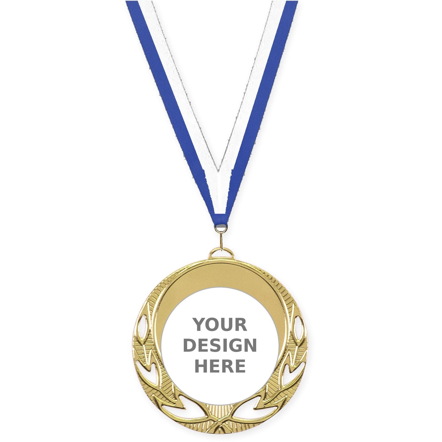 2 3/4 inch Open Laurel insert medal in bright gold with Blue White neck ribbon