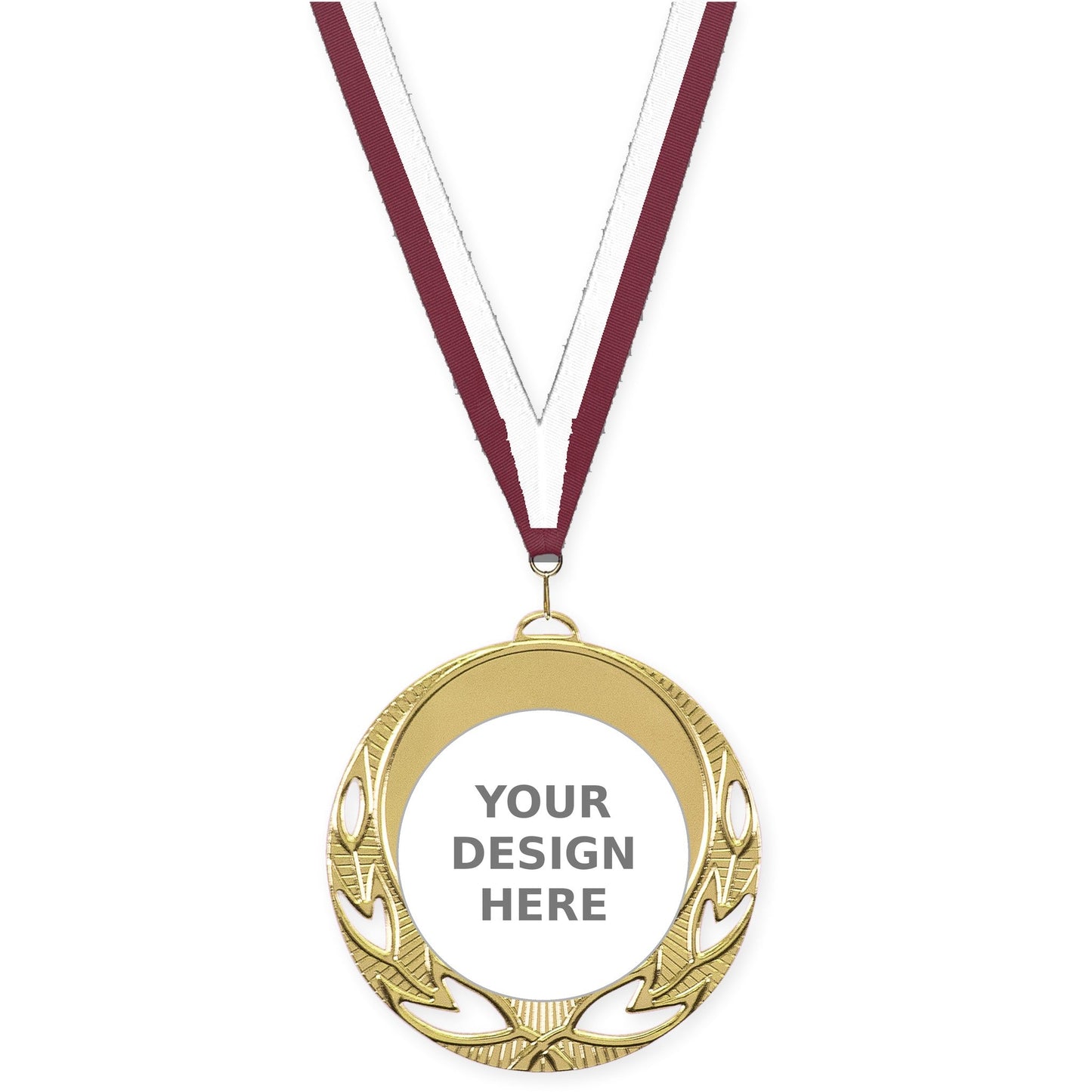2 3/4 inch Open Laurel insert medal in bright gold with Maroon White neck ribbon
