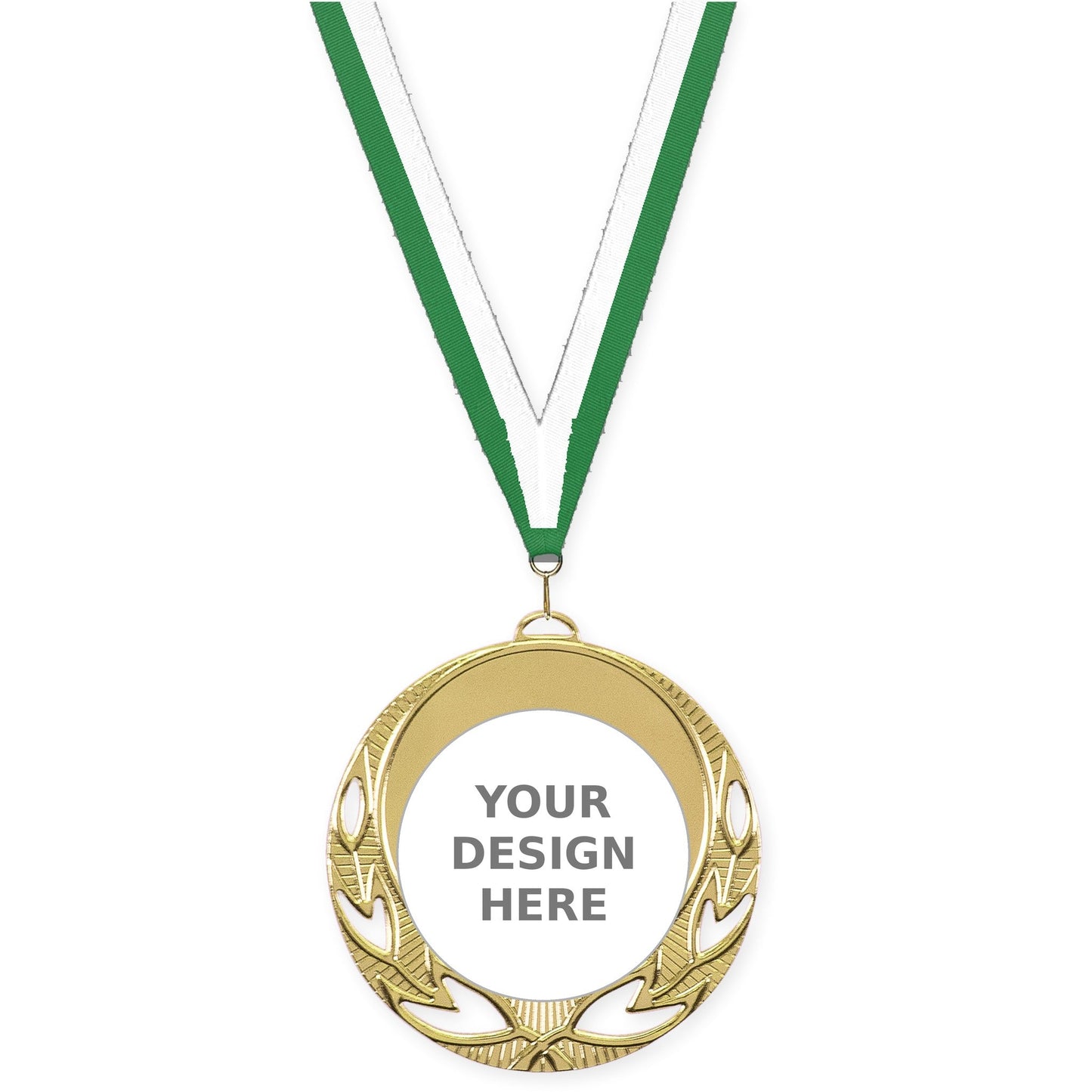 2 3/4 inch Open Laurel insert medal in bright gold with Green White neck ribbon