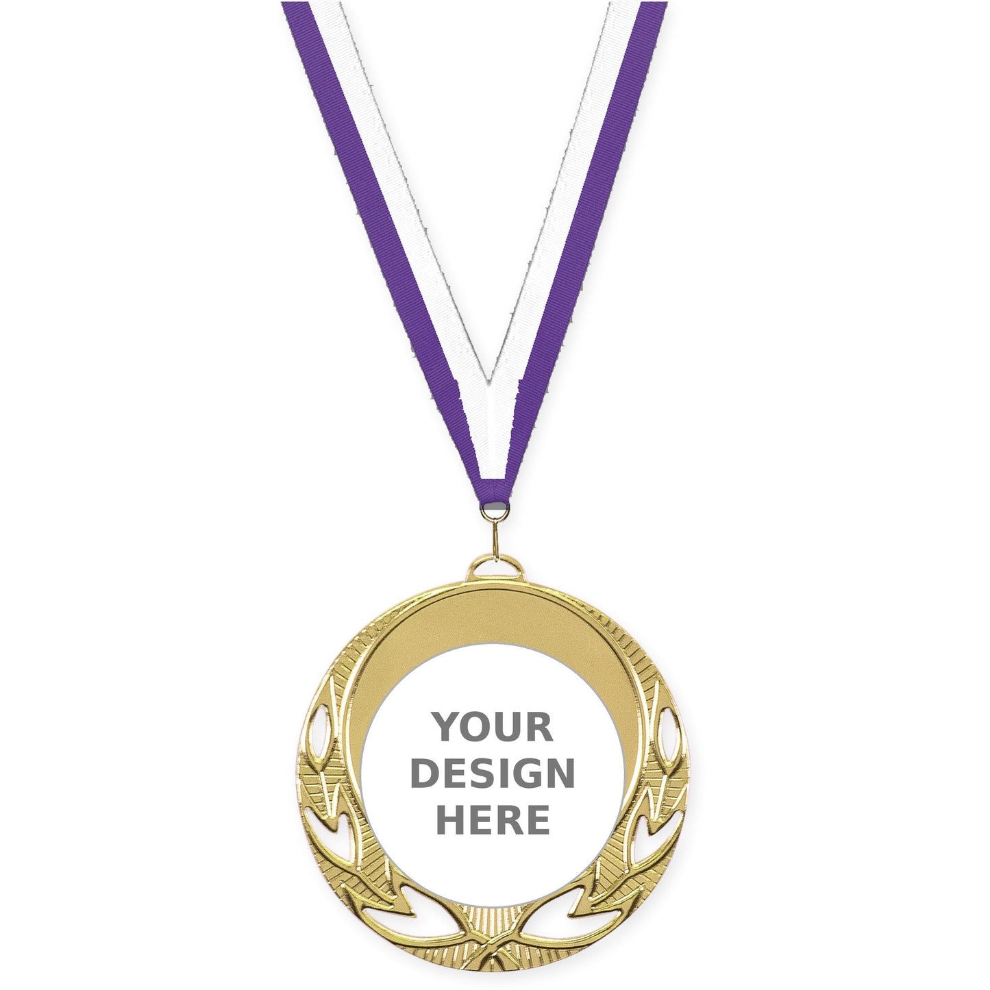2 3/4 inch Open Laurel insert medal in bright gold with Purple White neck ribbon