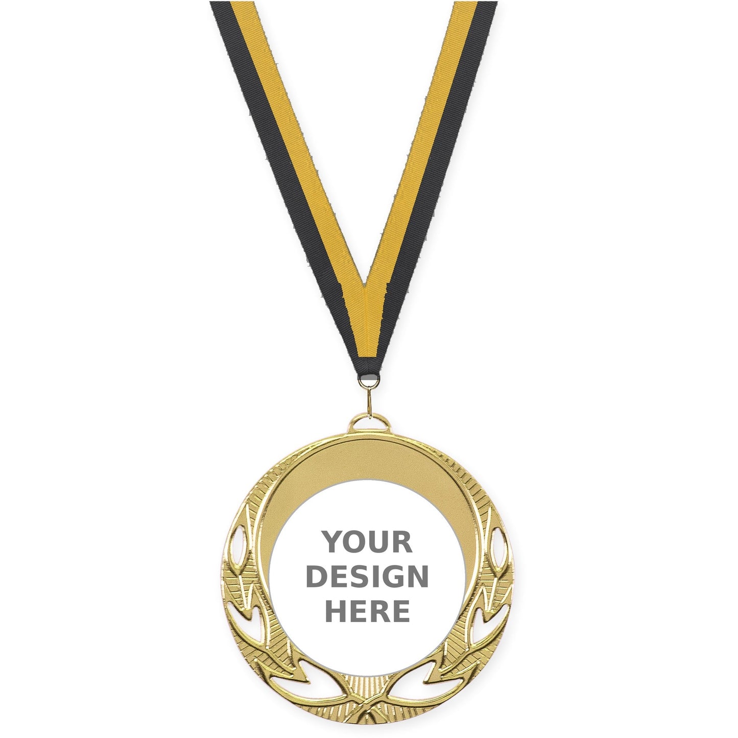 2 3/4 inch Open Laurel insert medal in bright gold with Black Gold neck ribbon