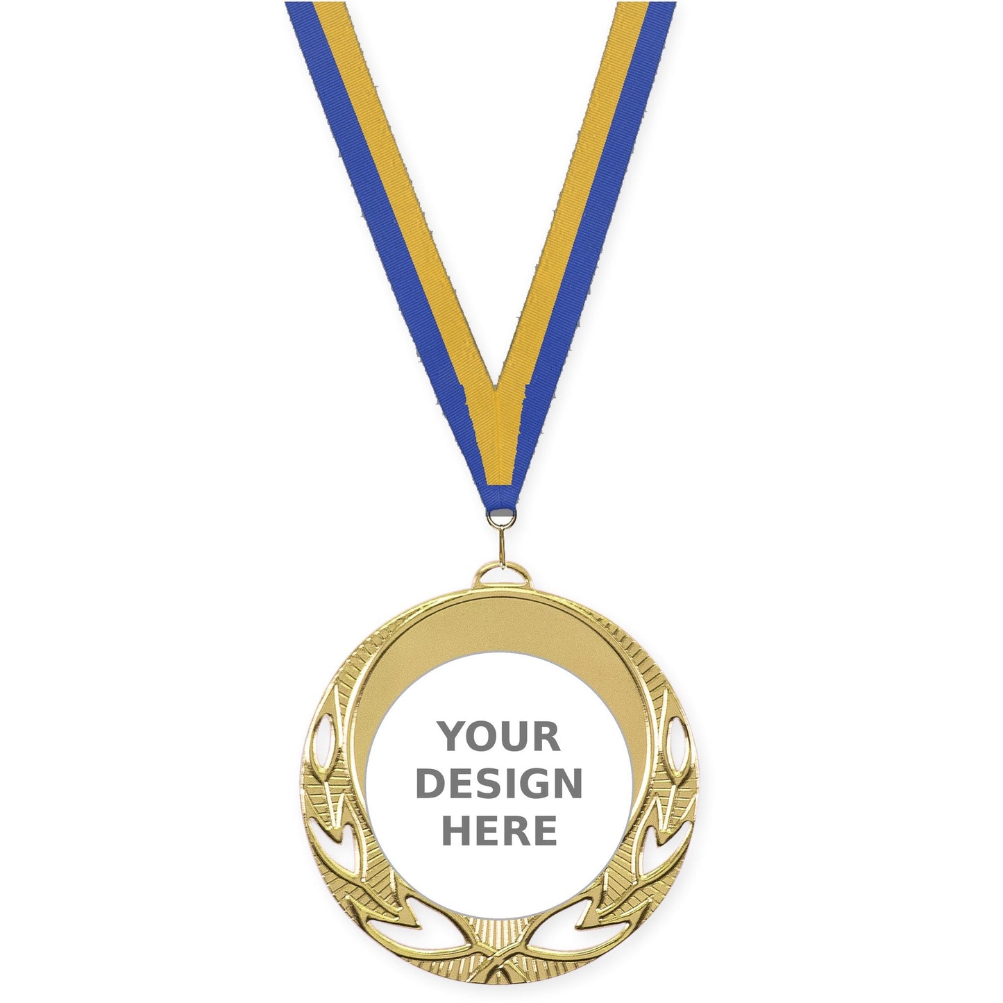 2 3/4 inch Open Laurel insert medal in bright gold with Blue Gold neck ribbon