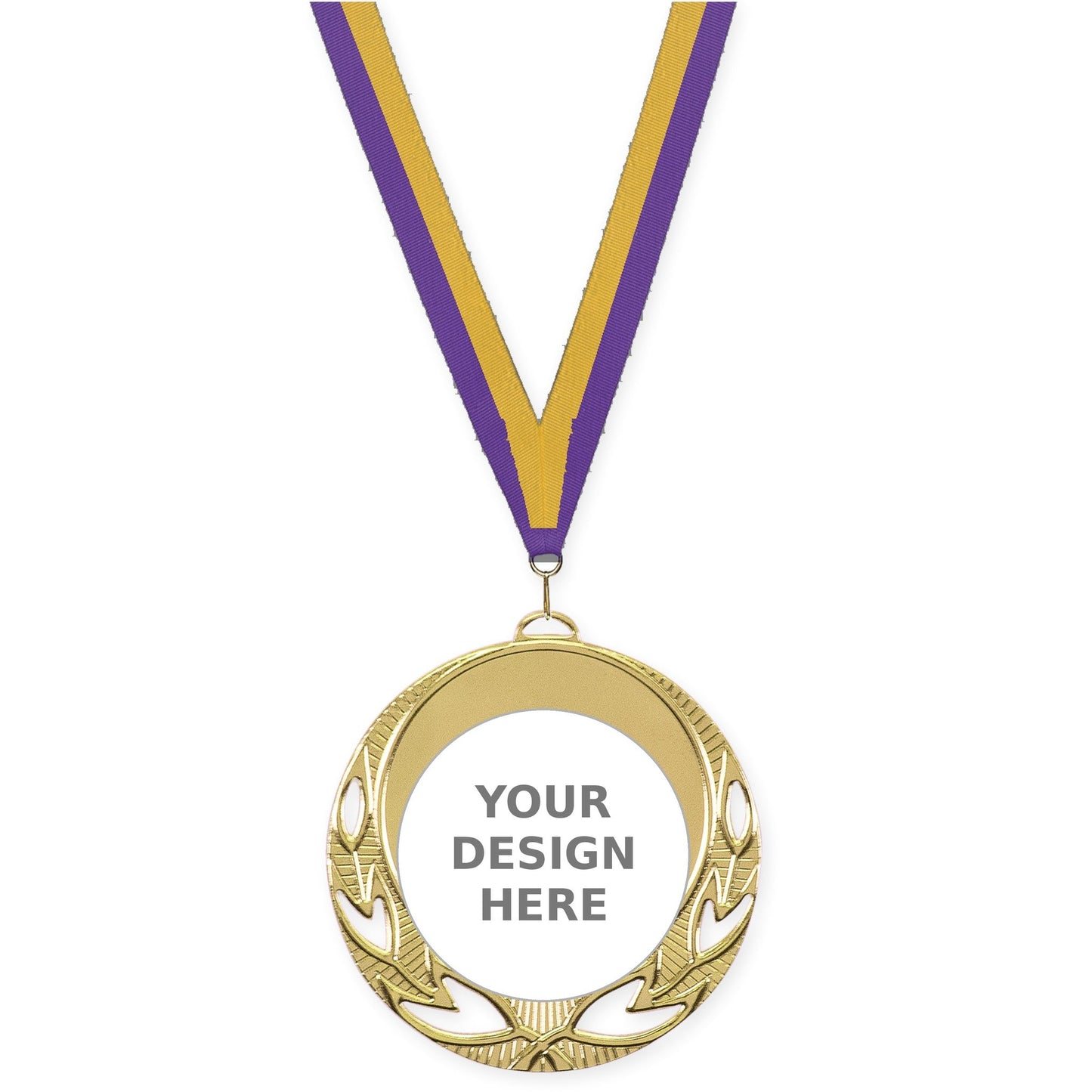 2 3/4 inch Open Laurel insert medal in bright gold with Purple Gold neck ribbon