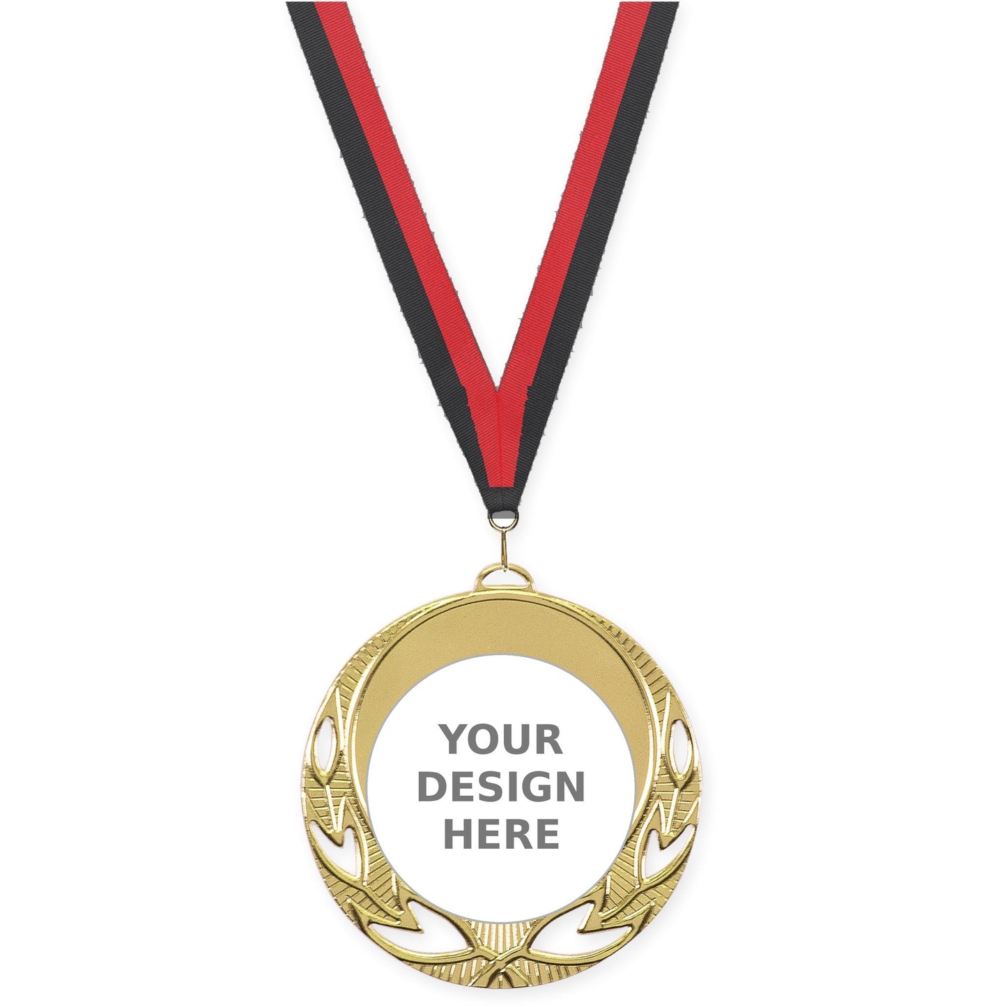2 3/4 inch Open Laurel insert medal in bright gold with Black Red neck ribbon
