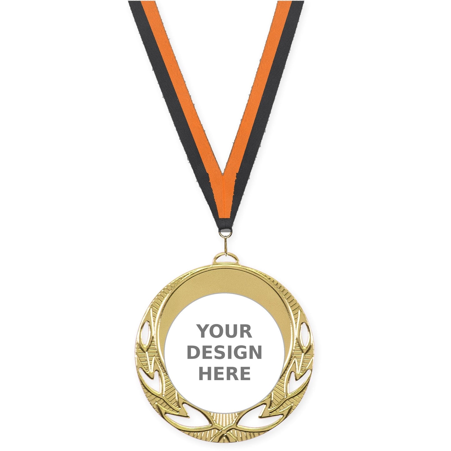 2 3/4 inch Open Laurel insert medal in bright gold with Black Orange neck ribbon