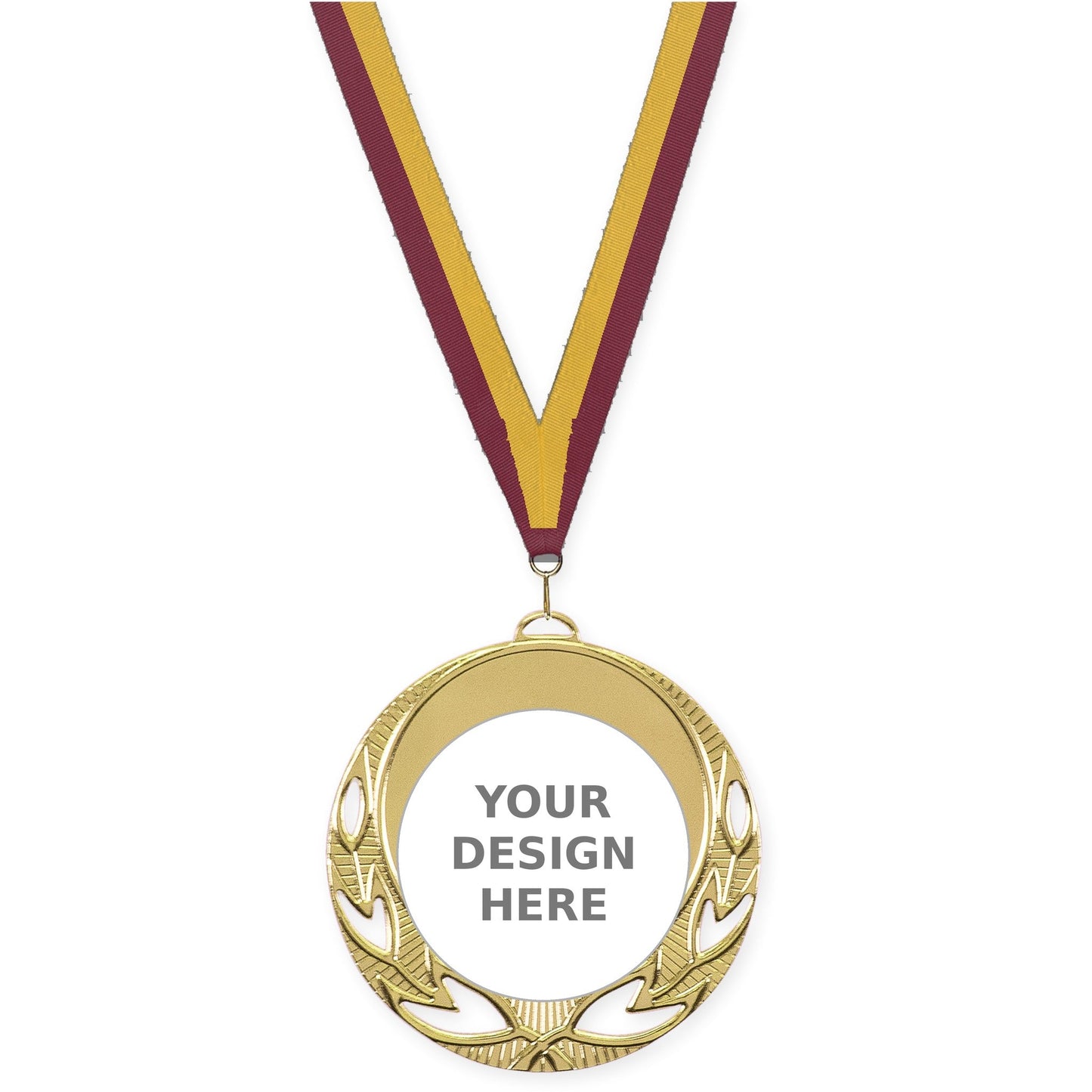 2 3/4 inch Open Laurel insert medal in bright gold with Maroon Gold neck ribbon