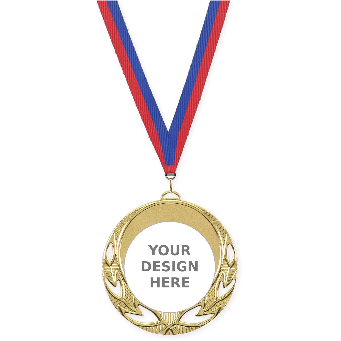 2 3/4 inch Open Laurel insert medal in bright gold with Blue Red neck ribbon