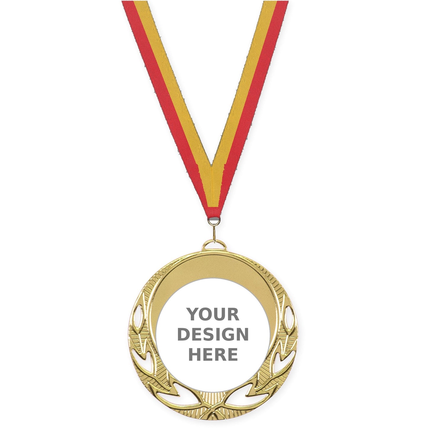 2 3/4 inch Open Laurel insert medal in bright gold with Red Gold neck ribbon