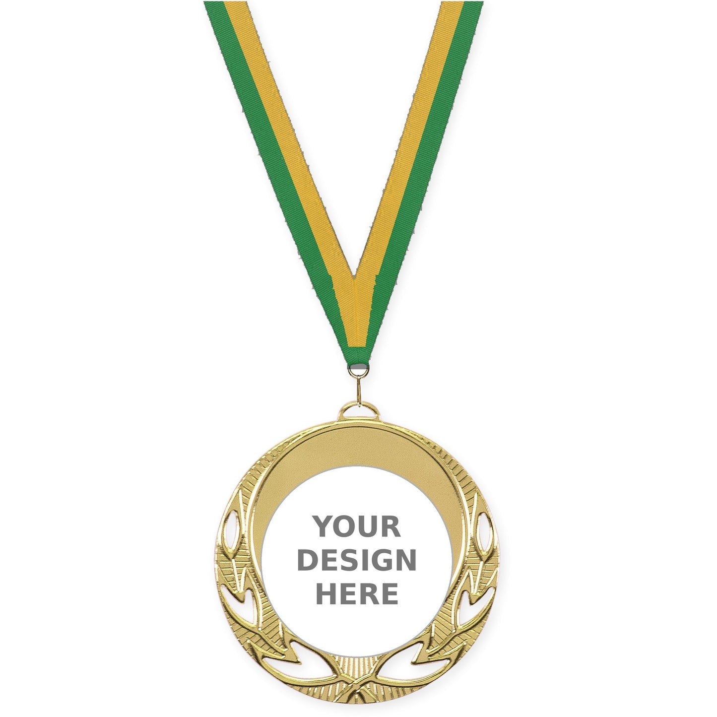 2 3/4 inch Open Laurel insert medal in bright gold with Green Gold neck ribbon