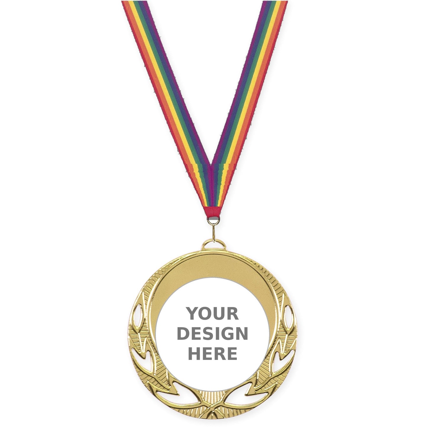 2 3/4 inch Open Laurel insert medal in bright gold with Rainbow neck ribbon