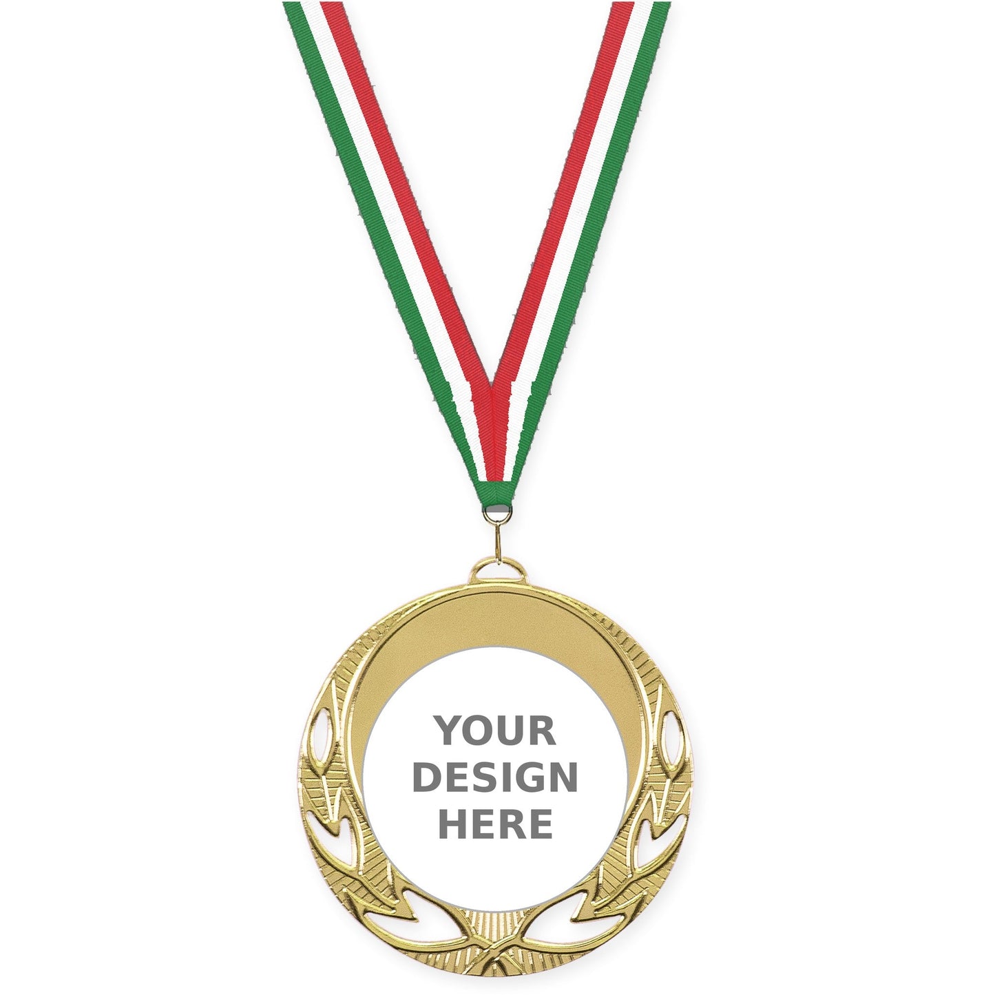 2 3/4 inch Open Laurel insert medal in bright gold with Green White Red neck ribbon