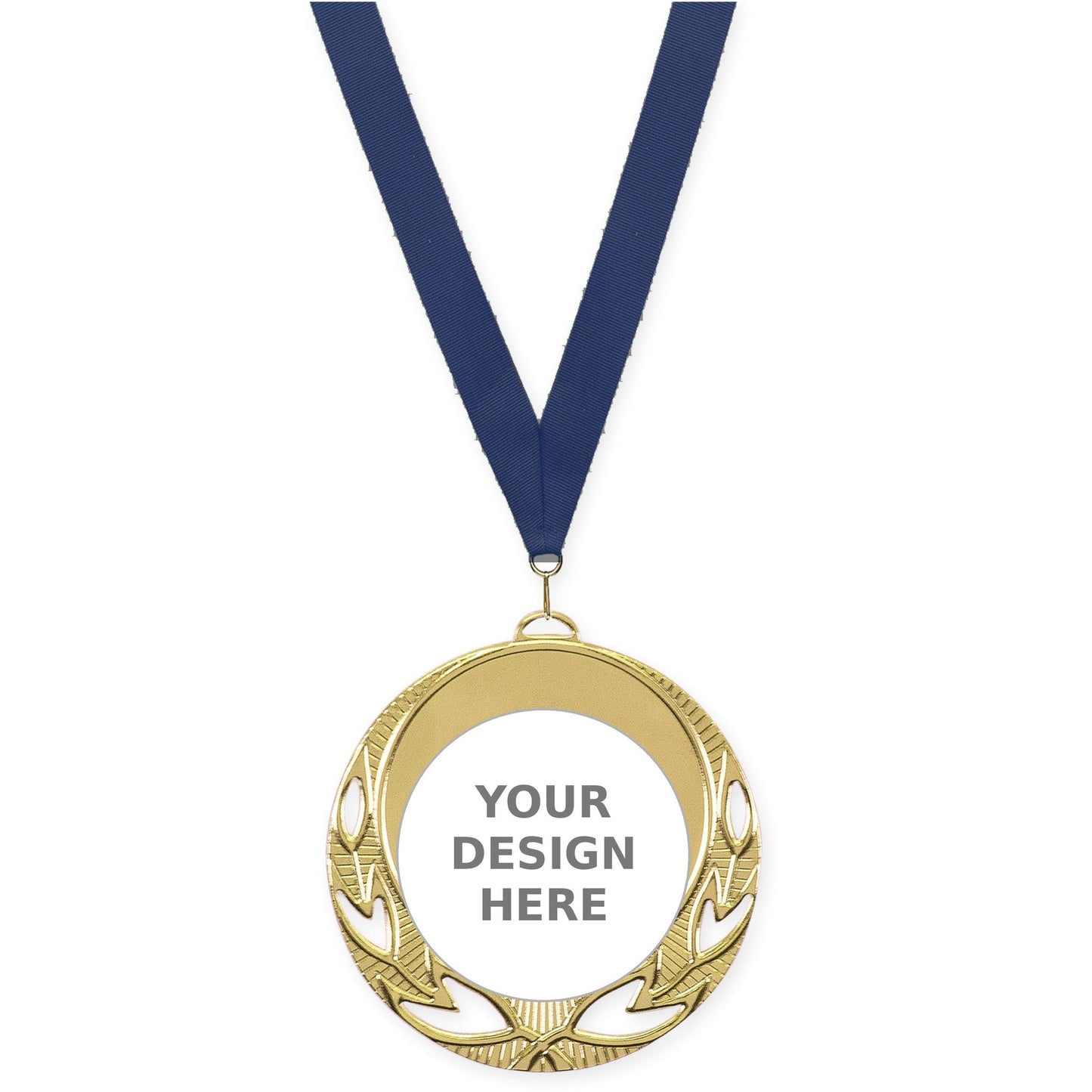2 3/4 inch Open Laurel insert medal in bright gold with Navy neck ribbon